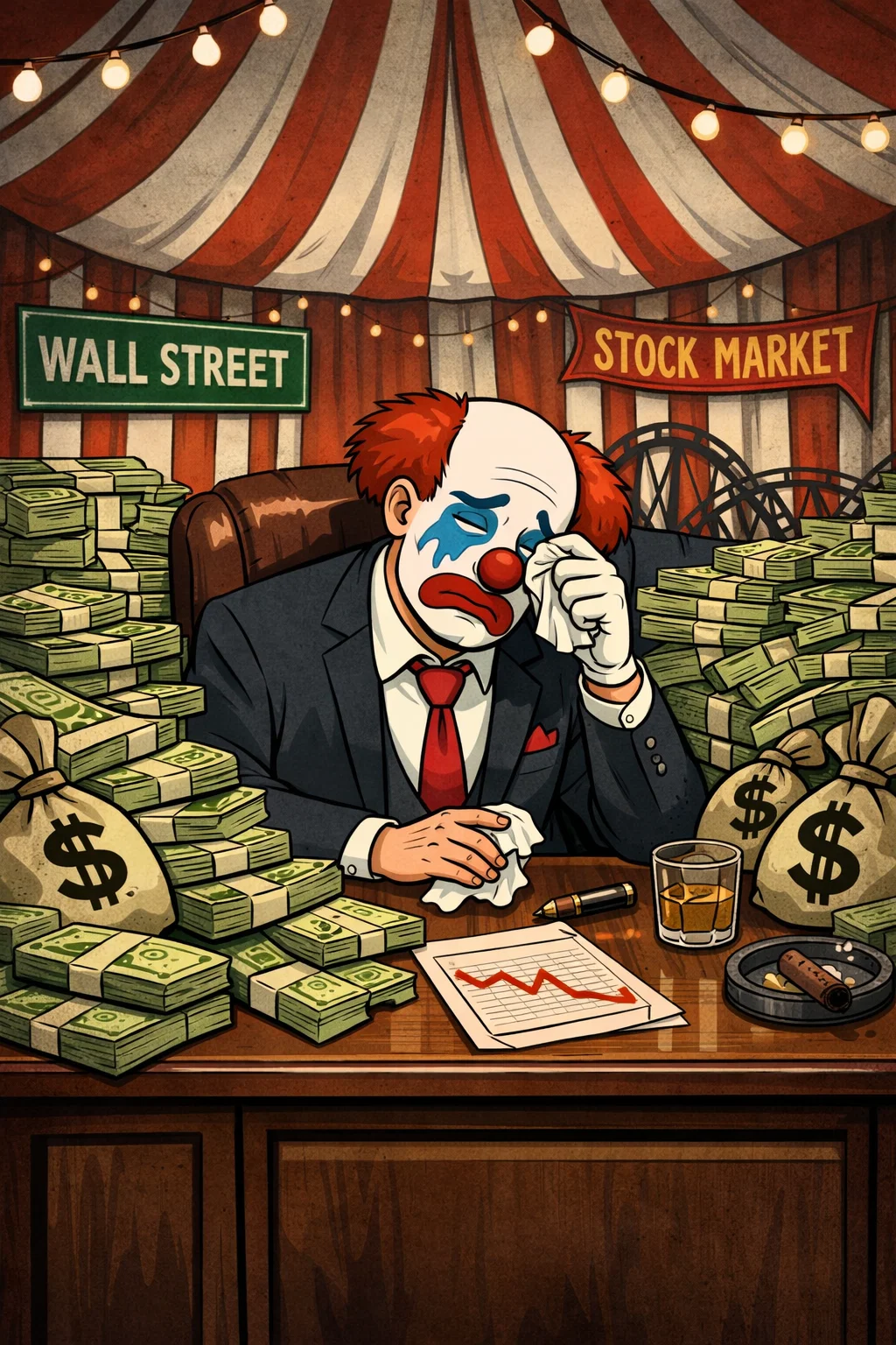 Clown Triste de Wall Street Entouré de Piles d’Argent