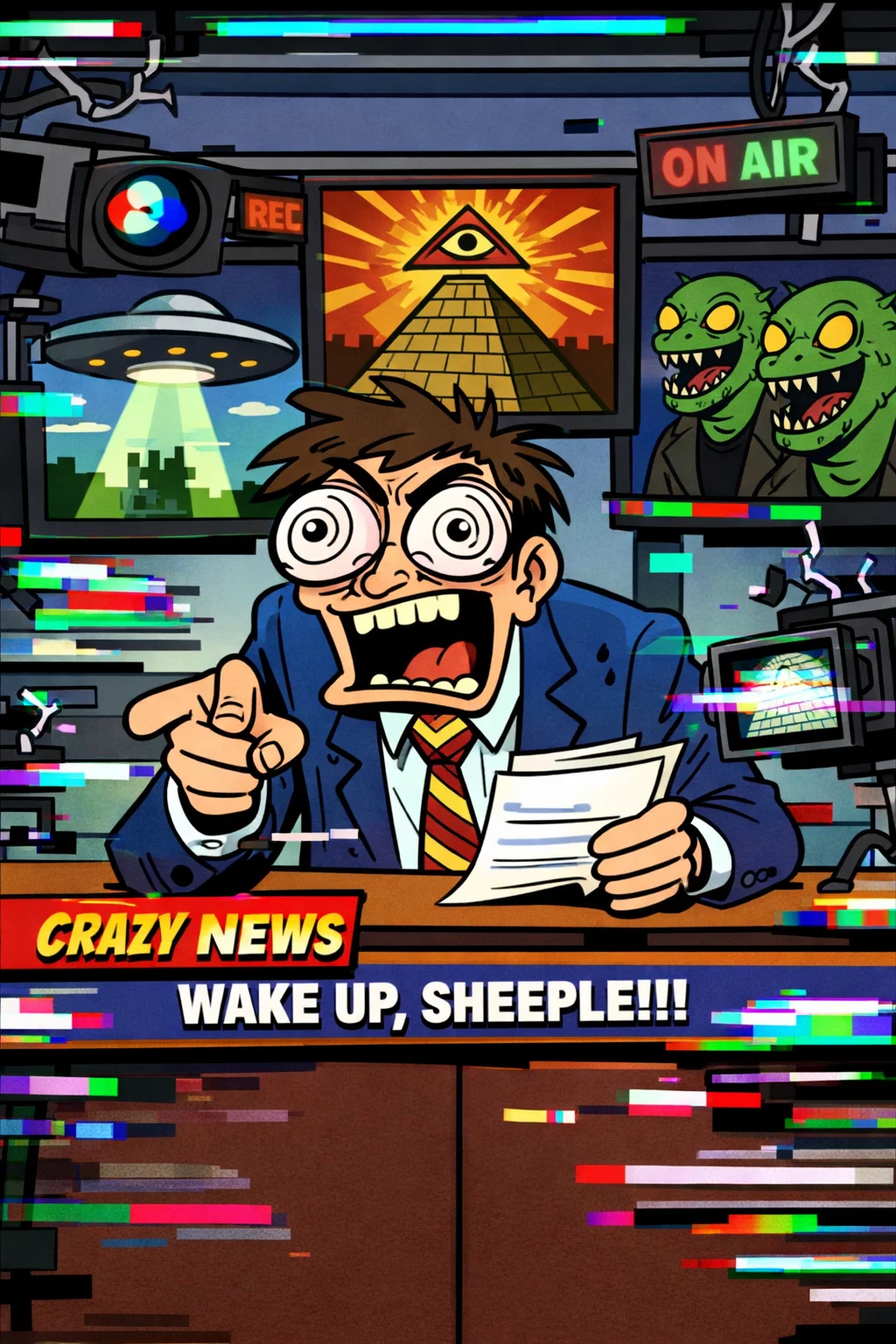 Présentateur Télé Fou Criant “Wake Up Sheeple”