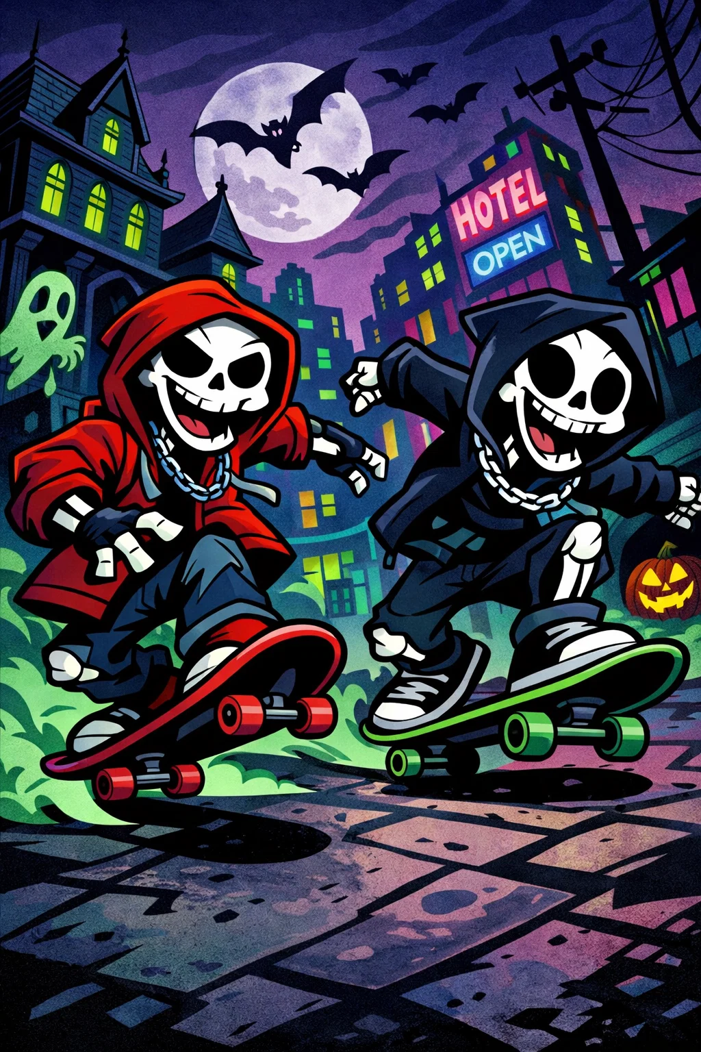 Squelettes Skateurs dans une Ville Halloween