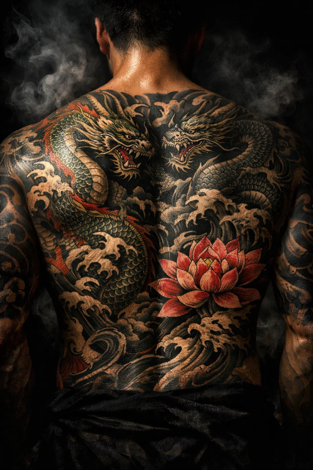 Dos tatoué avec dragon japonais et fleur de lotus