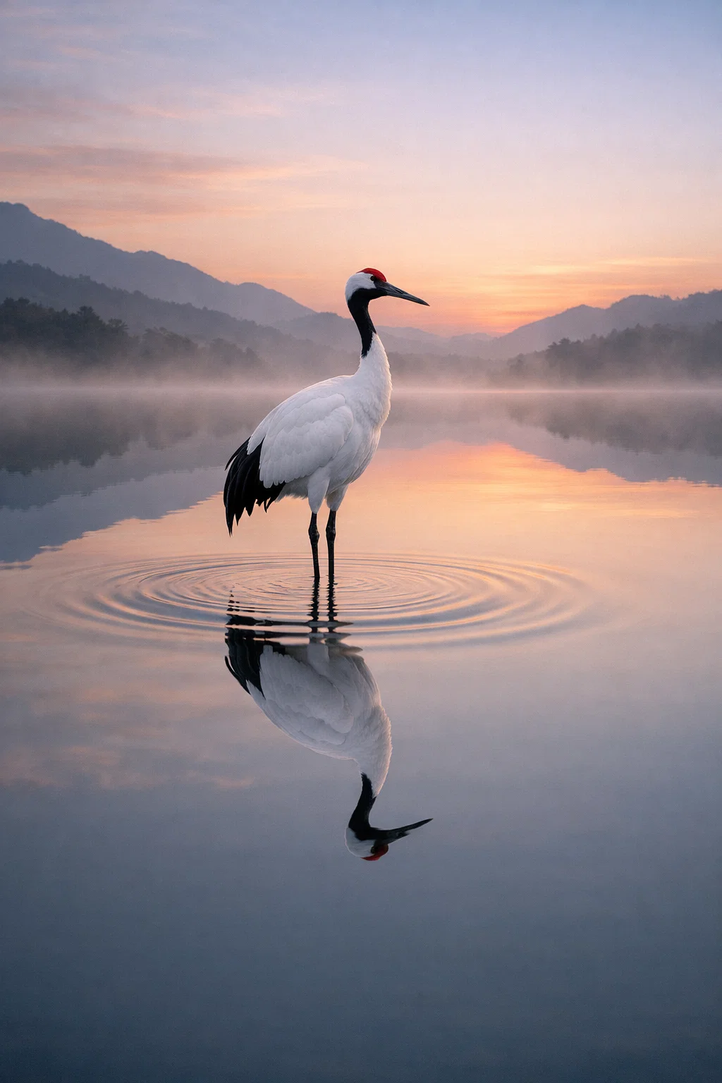 Grue japonaise dans un lac au lever du soleil