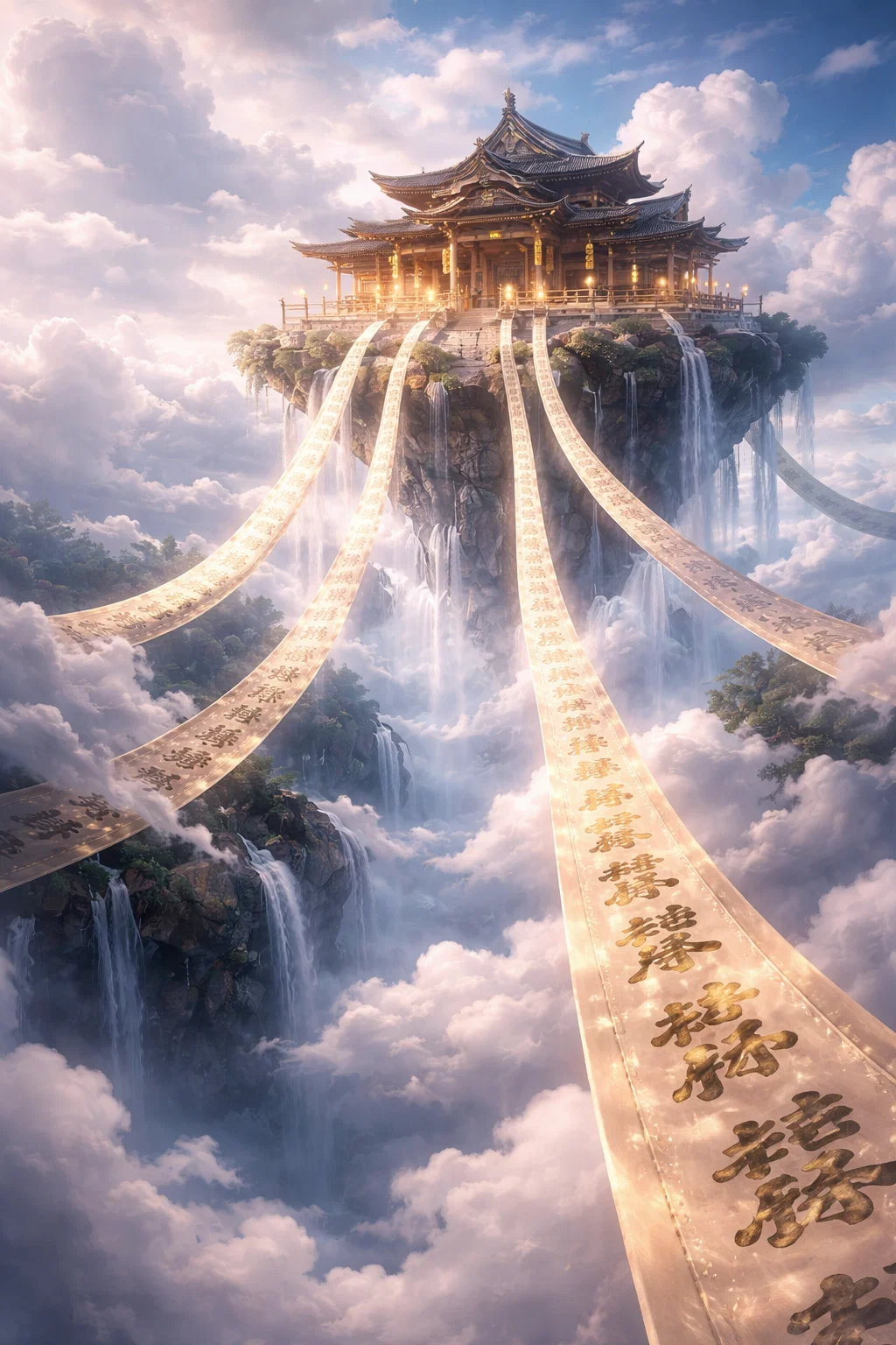 Temple japonais sur une île flottante dans les nuages