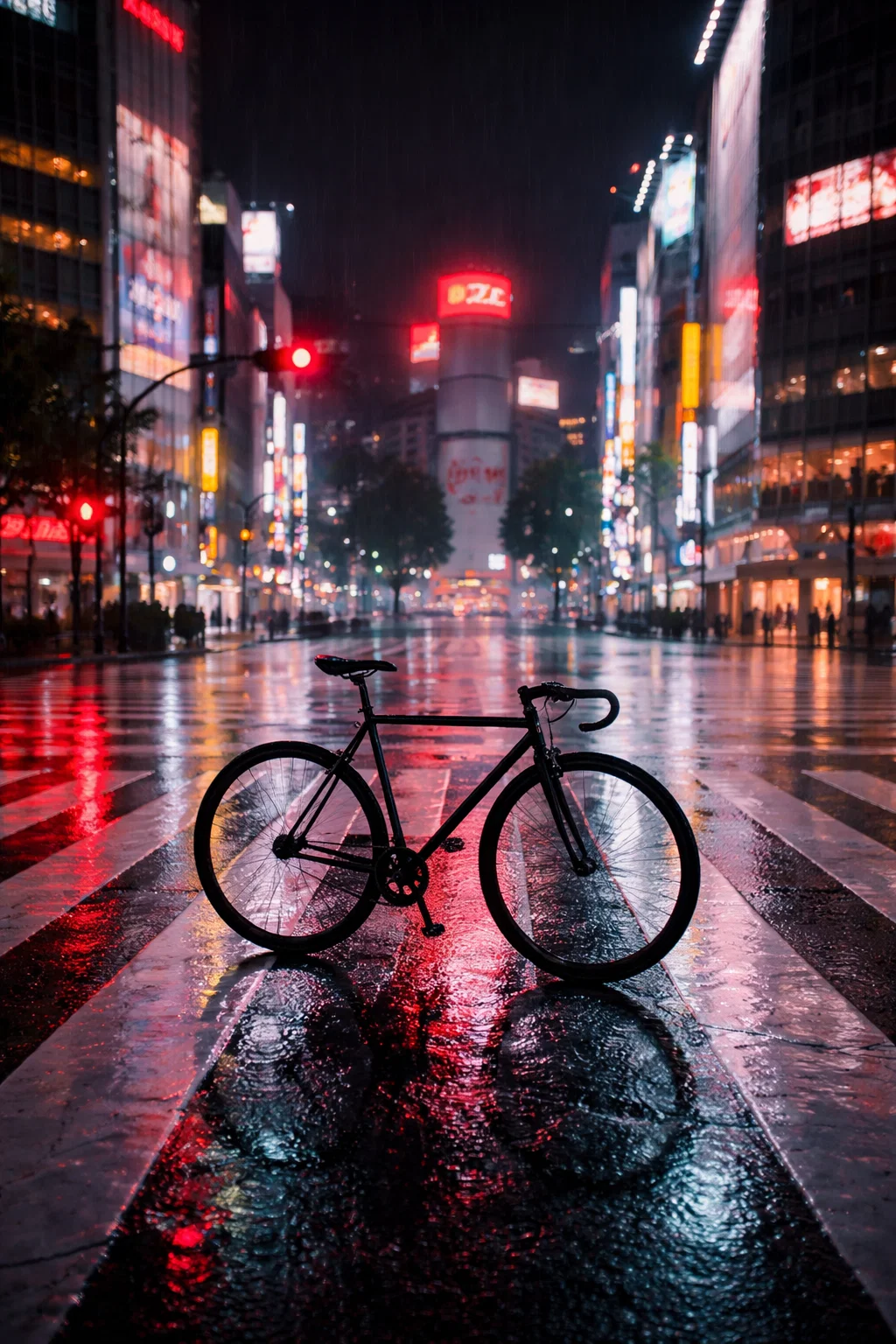 Vélo sur un passage piéton dans Tokyo sous la pluie
