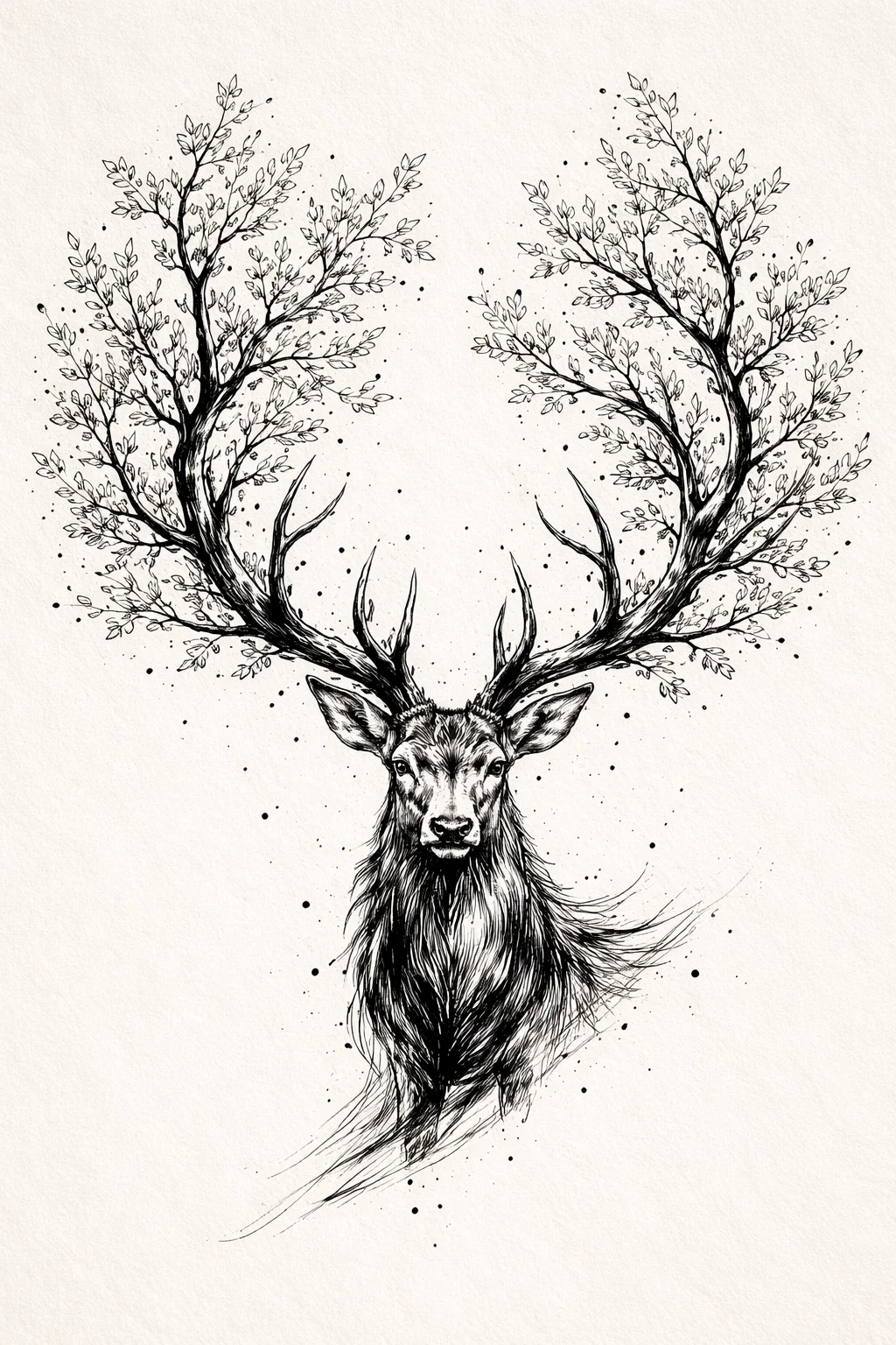 Cerf avec bois en branches d’arbre dessin à l’encre