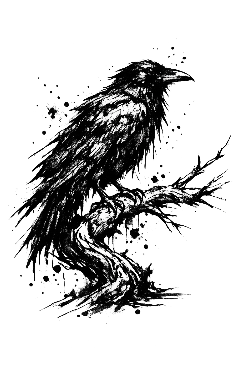 Corbeau perché sur une branche dessin noir et blanc