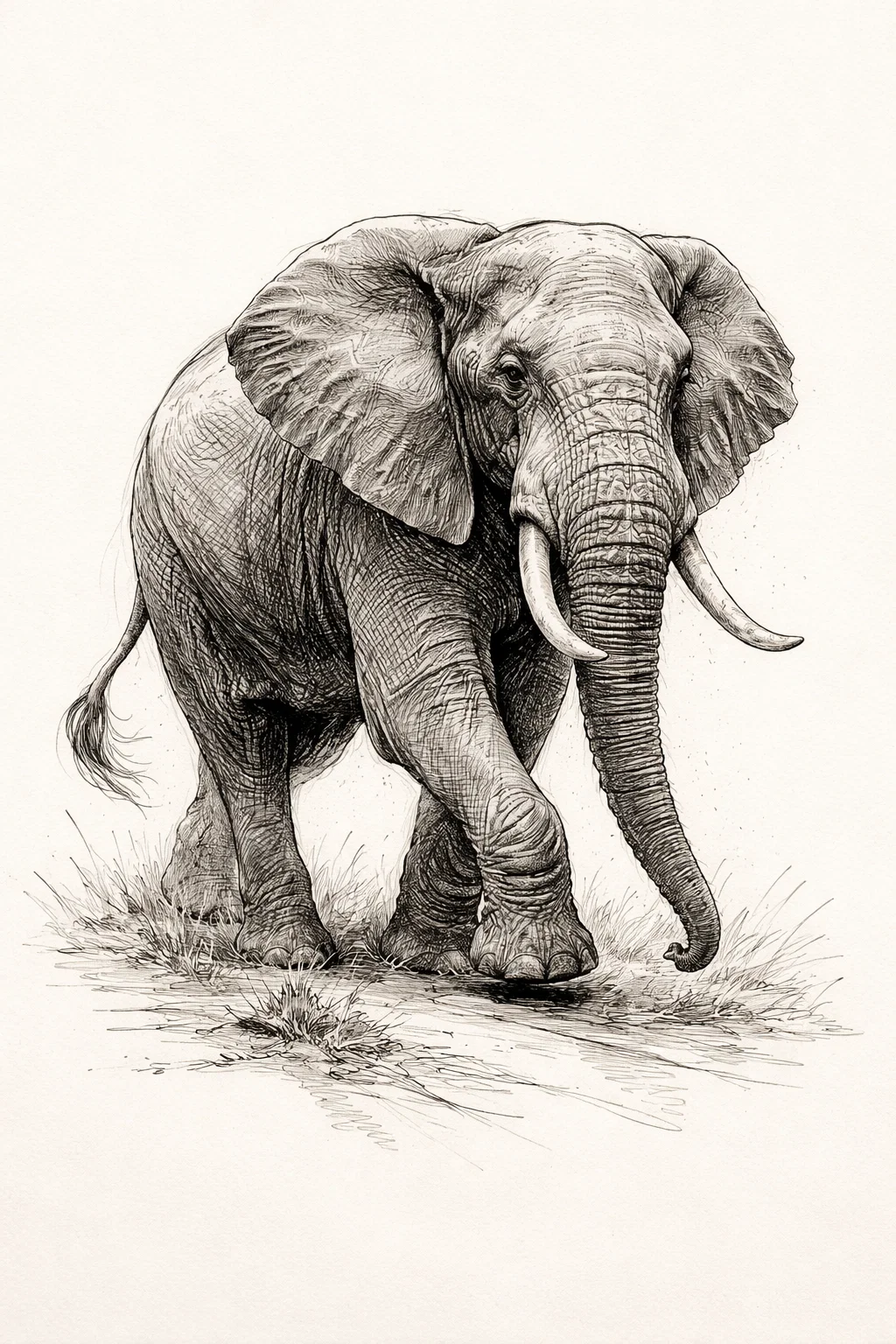 Éléphant réaliste dessin au trait noir et blanc