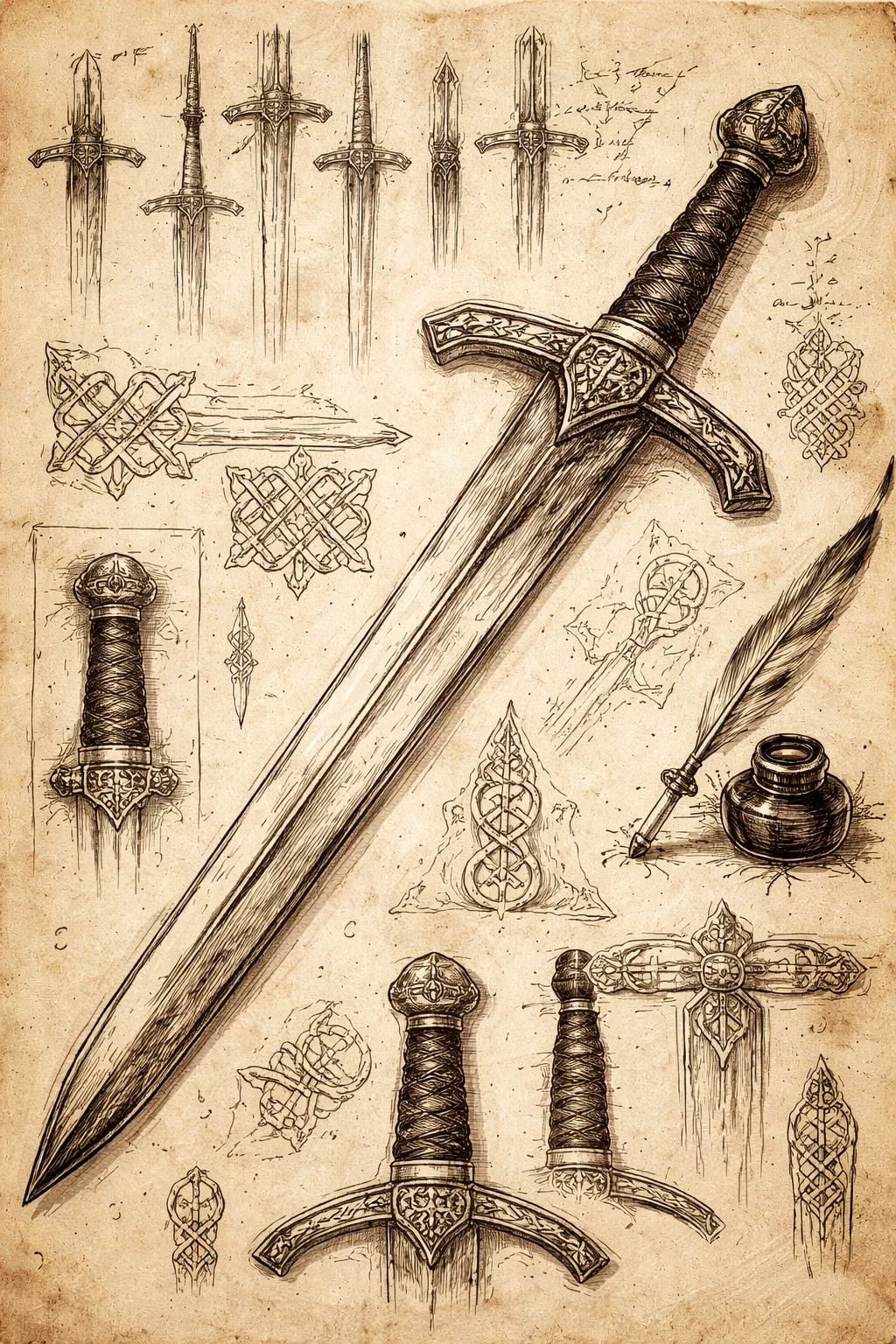 Épée médiévale sur parchemin croquis
