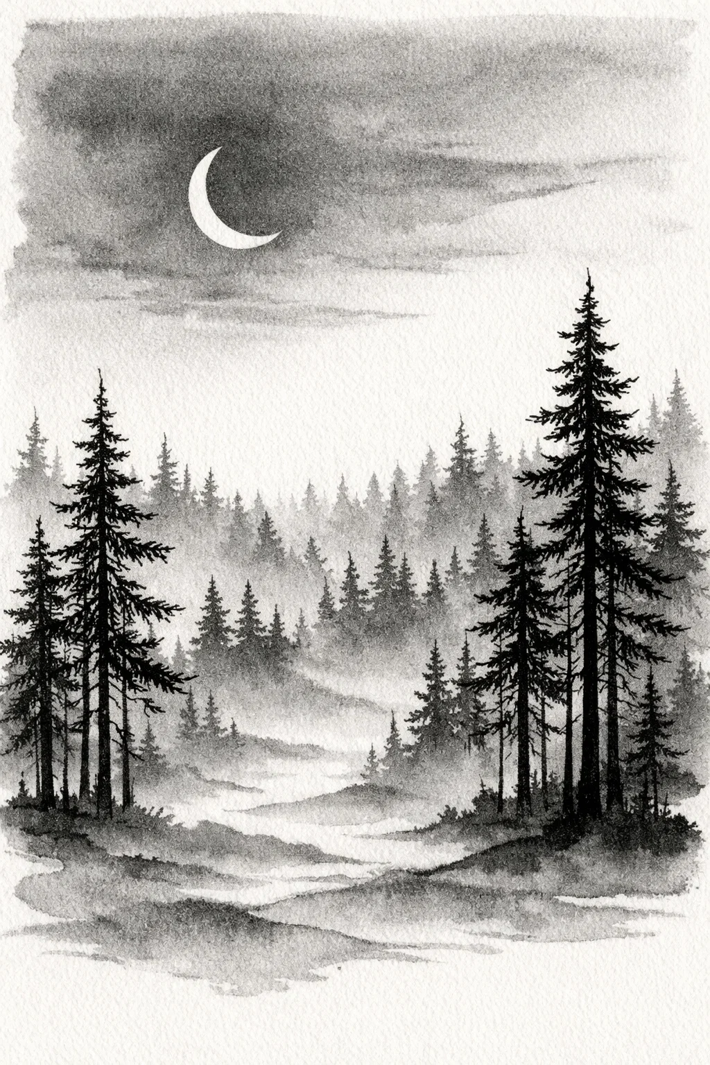 Forêt de pins sous la lune dessin à l’encre