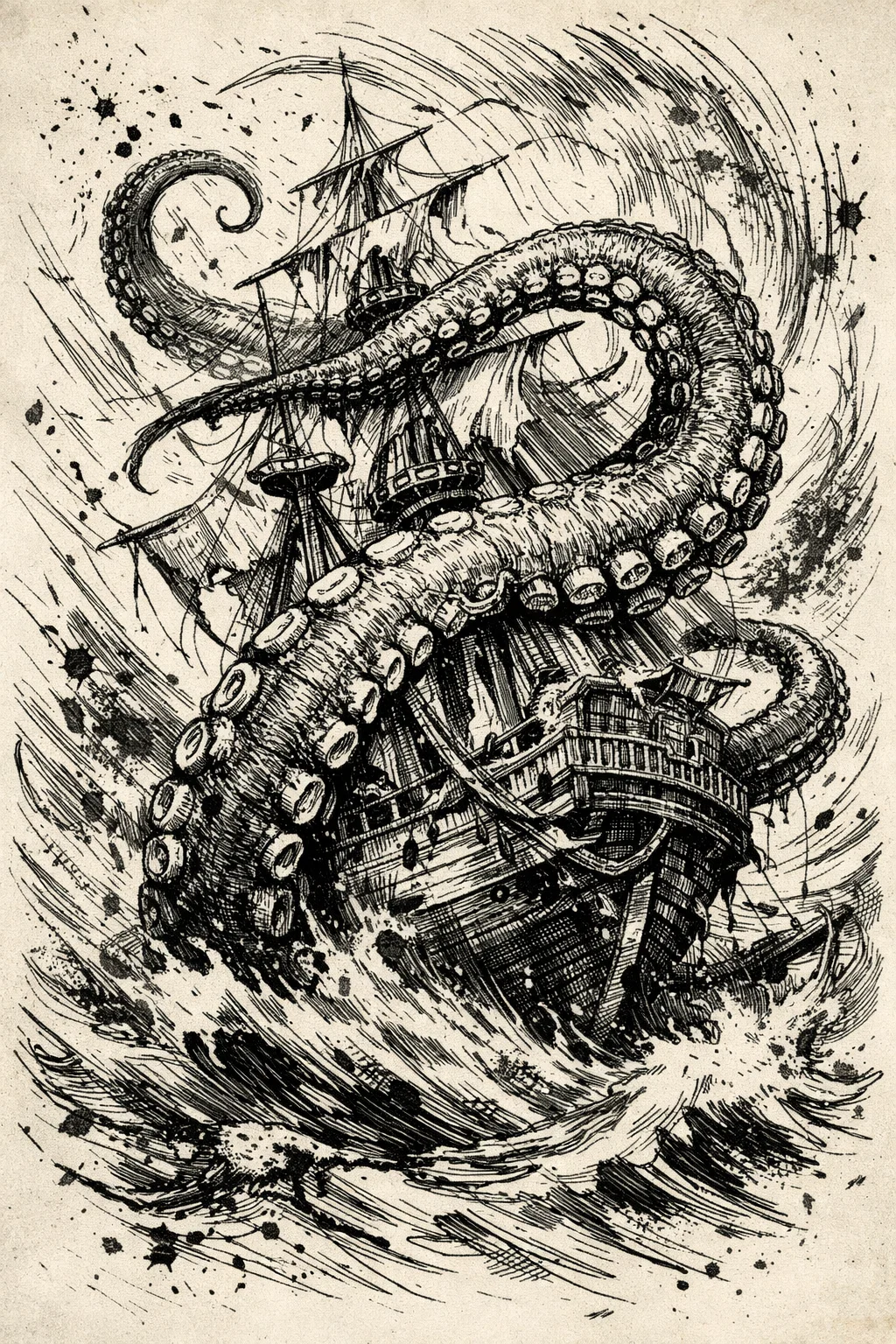 Kraken attaquant un navire dessin style gravure