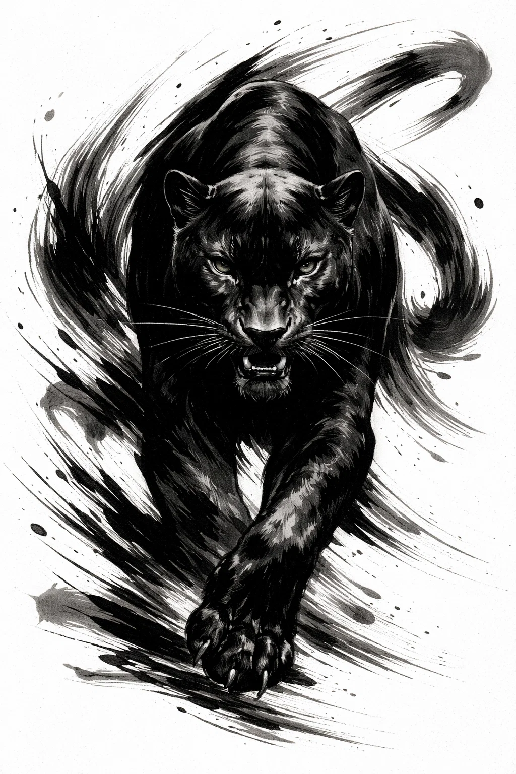 Panthère noire en marche dessin à l’encre