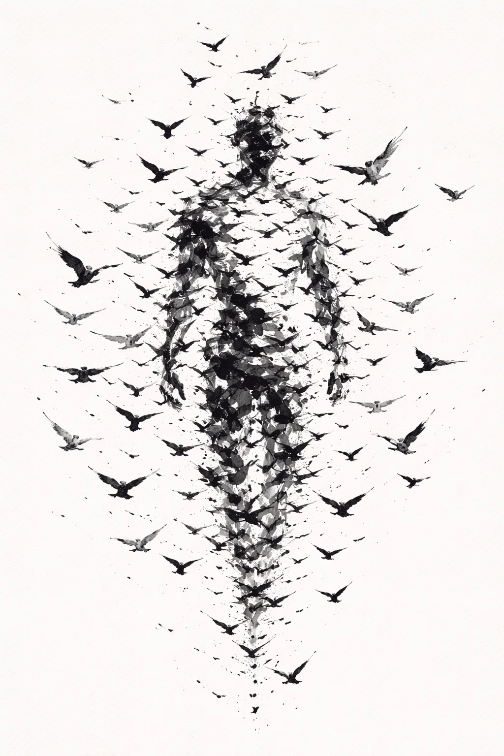 Silhouette d’homme avec oiseaux dessin noir et blanc