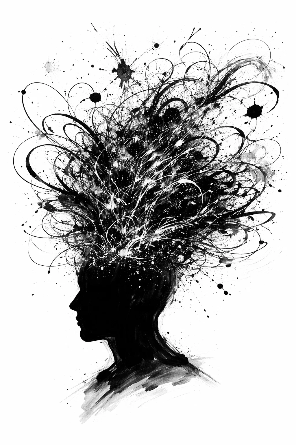 Silhouette de pensée dessin à l’encre noir et blanc