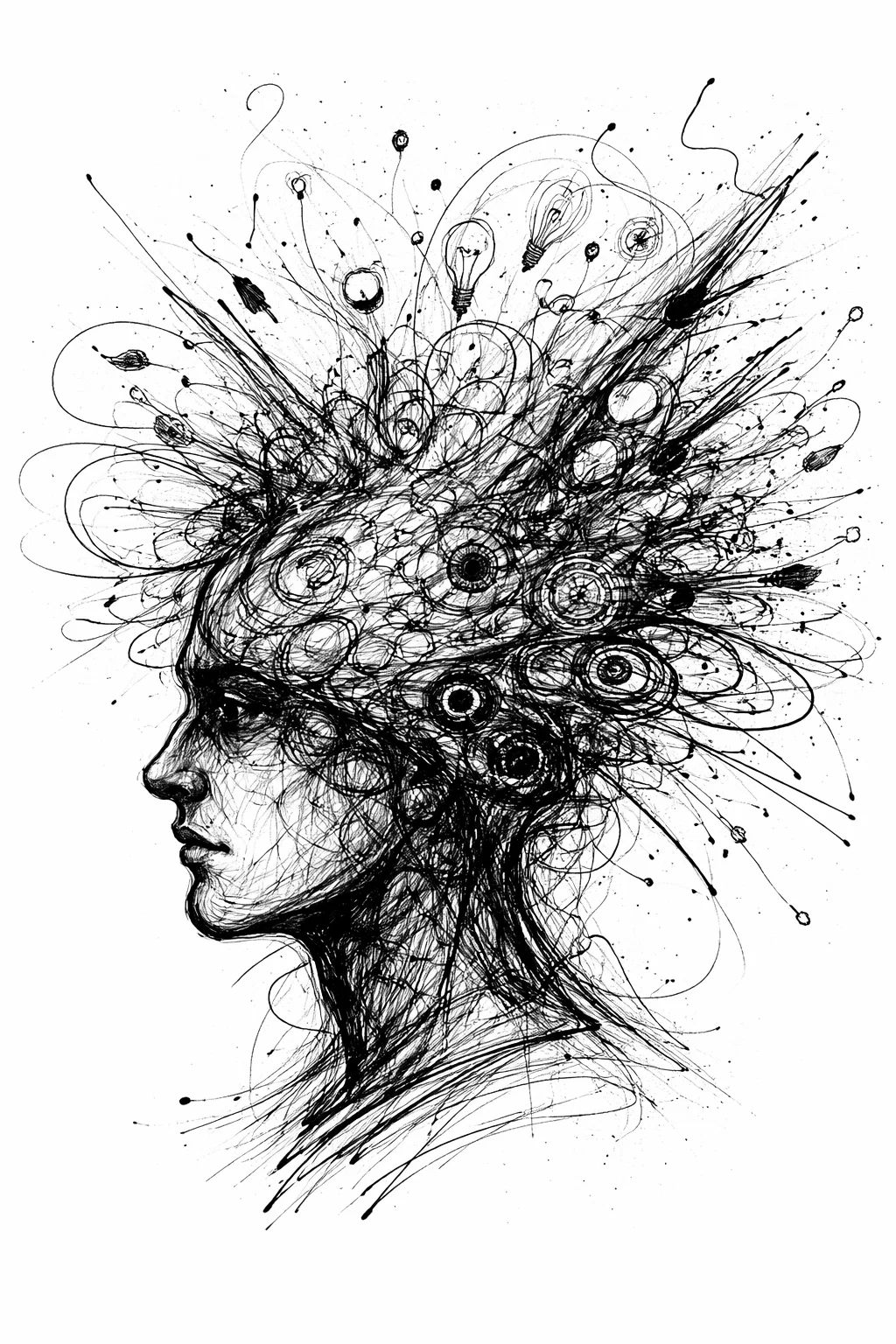 Tête de réflexion dessin noir et blanc