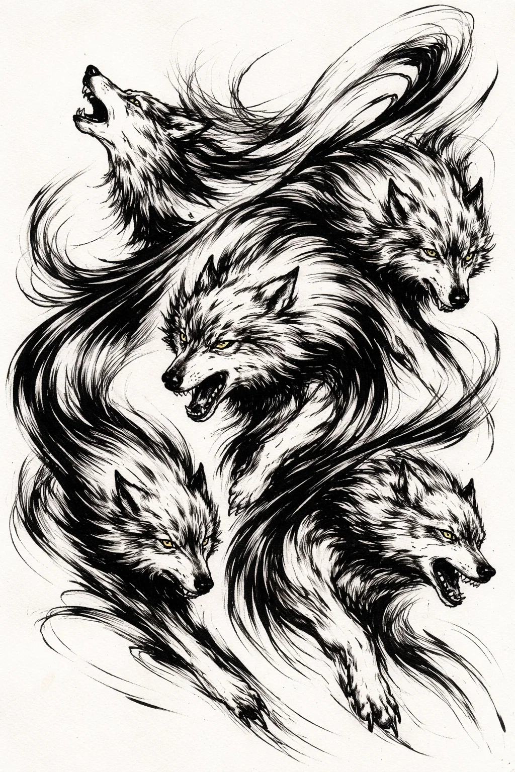 Trio de loups en mouvement dessin noir et blanc
