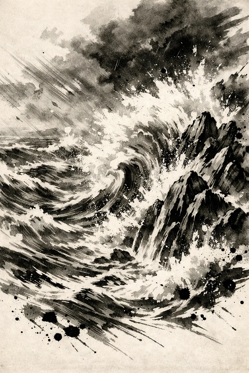 Vague de tempête en mer dessin à l’encre noir et blanc