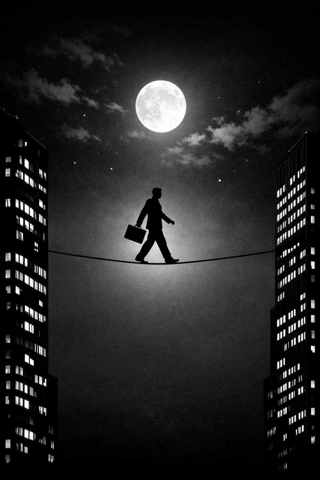 Homme marchant sur un fil entre deux immeubles sous la lune