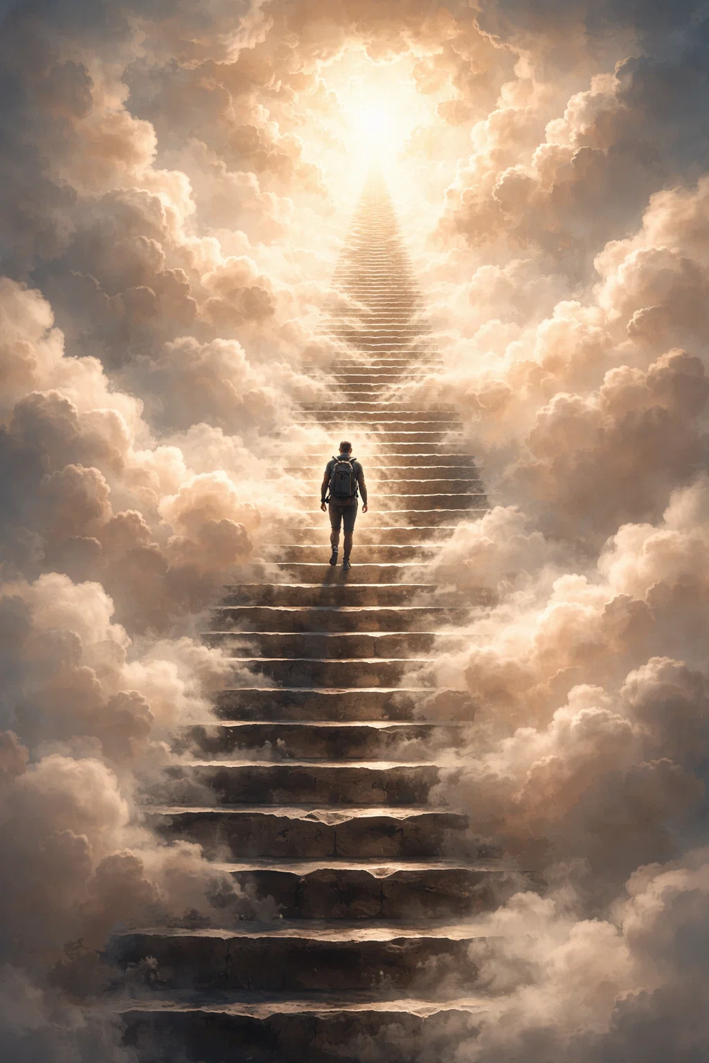 Homme montant un escalier dans les nuages vers la lumière