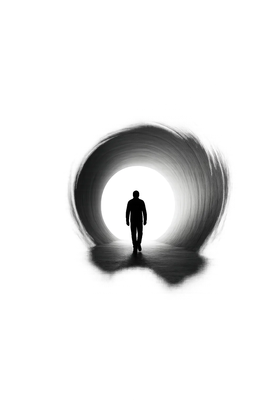 Silhouette marchant vers une lumière au bout d’un tunnel