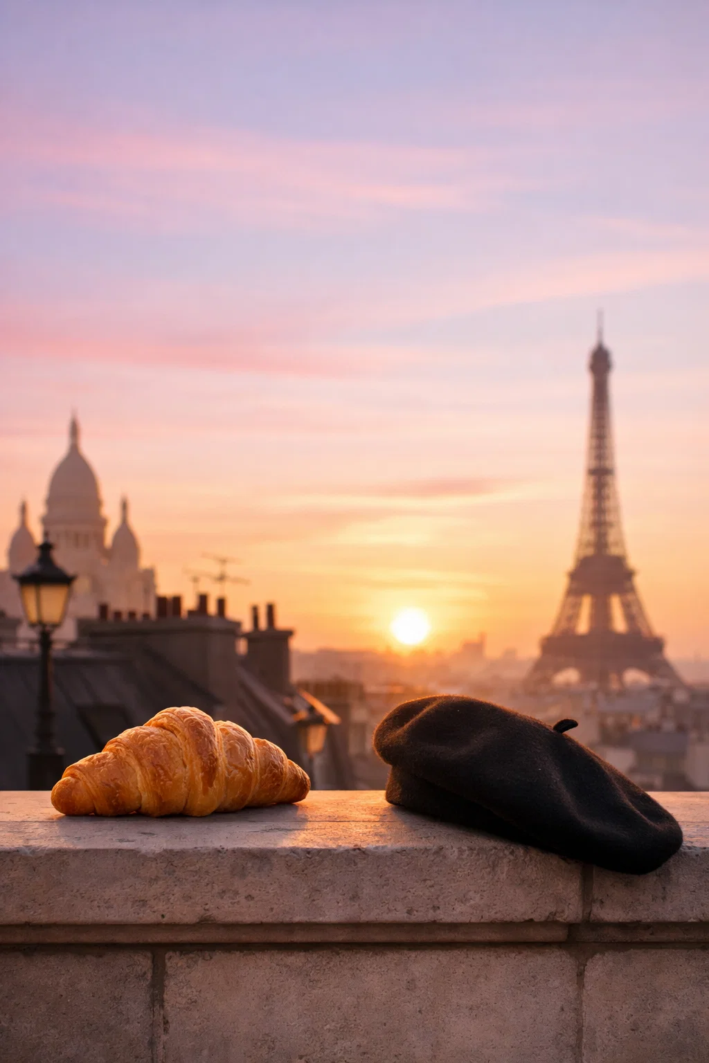 Croissant et béret sur un mur avec la tour Eiffel au lever du soleil