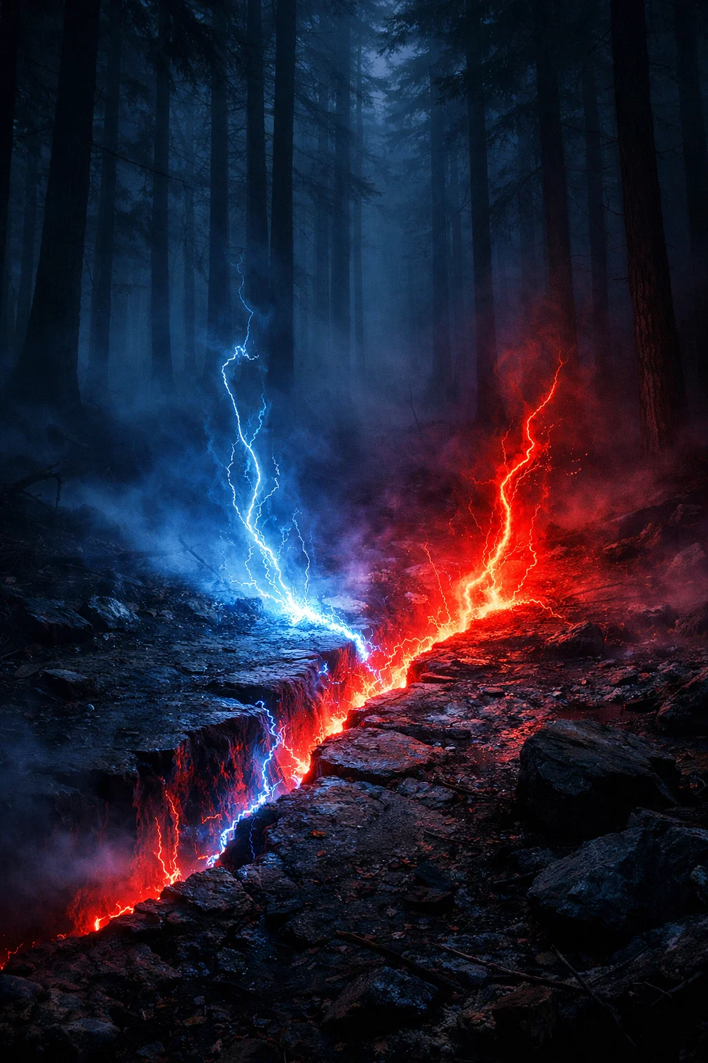 Fissure d’énergie rouge et bleue dans une forêt sombre