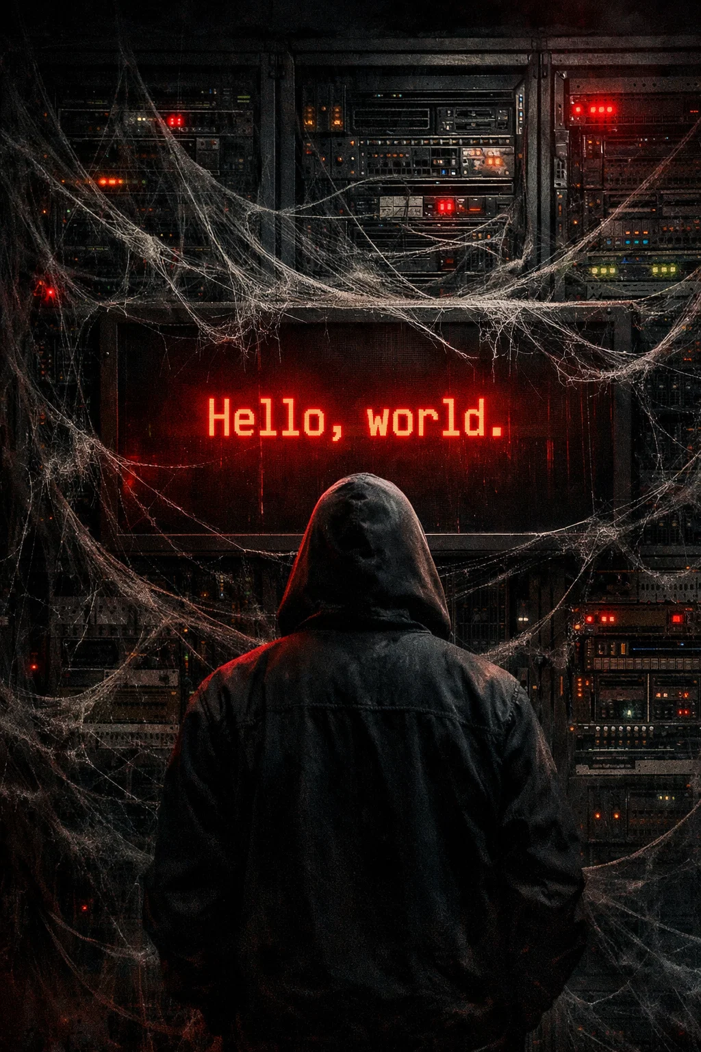 Hacker devant un écran affichant “Hello, world.”