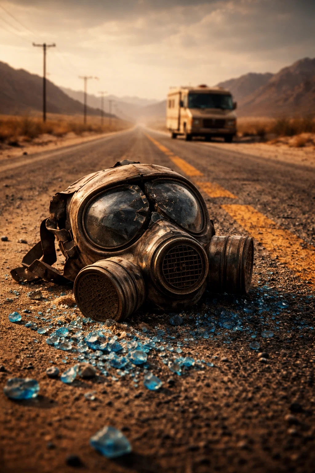 Masque à gaz abandonné sur une route dans le désert