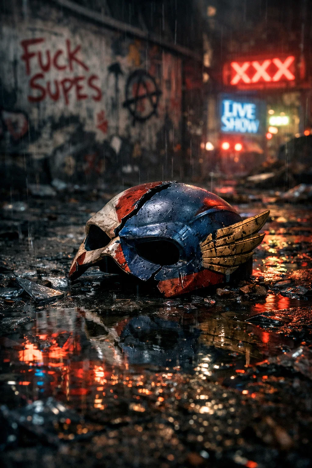 Masque cassé dans une rue sombre sous la pluie avec néons