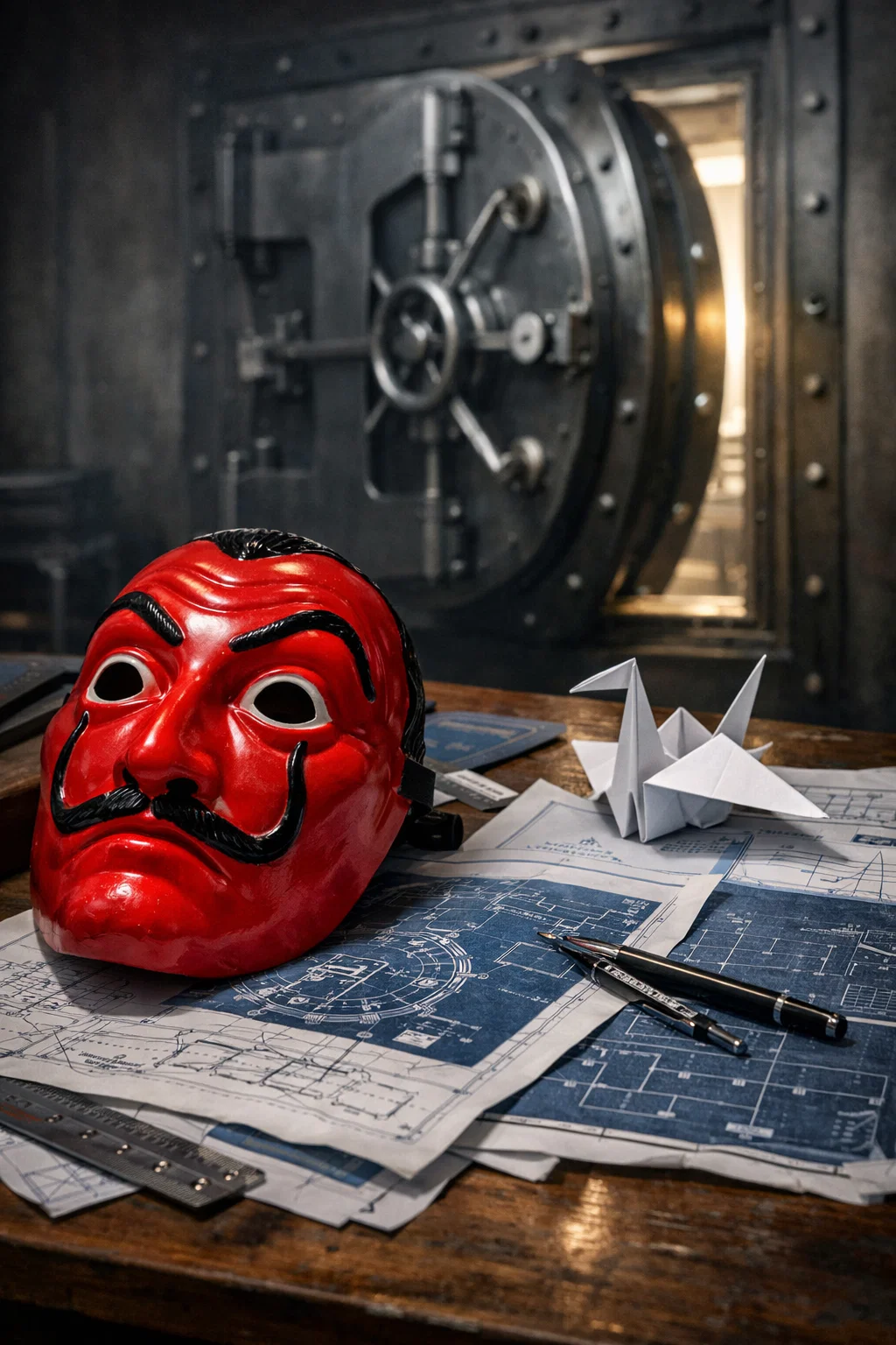 Masque rouge de braqueur sur une table avec plans et coffre fort
