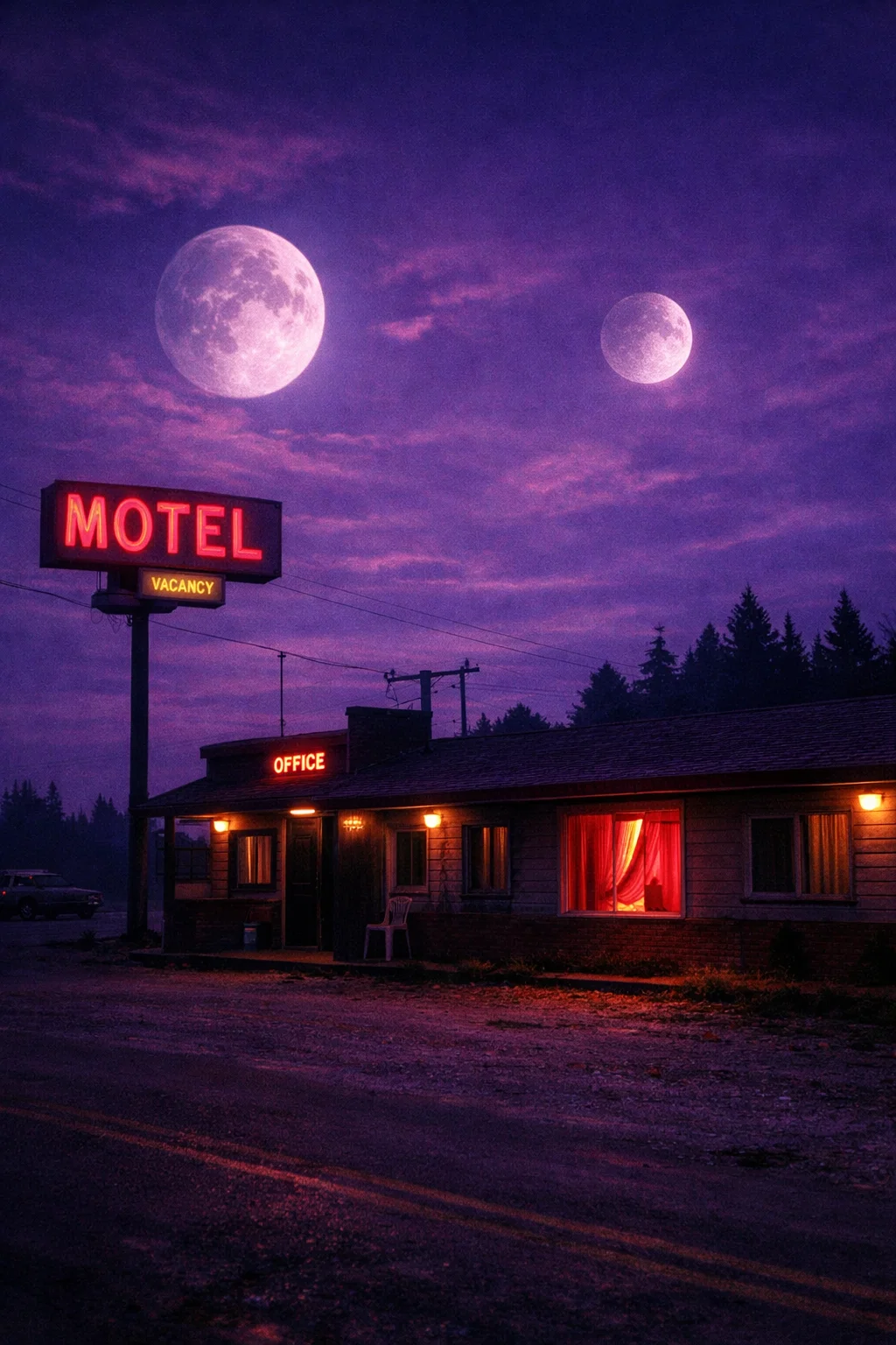 Motel éclairé au néon sous deux lunes dans un ciel violet