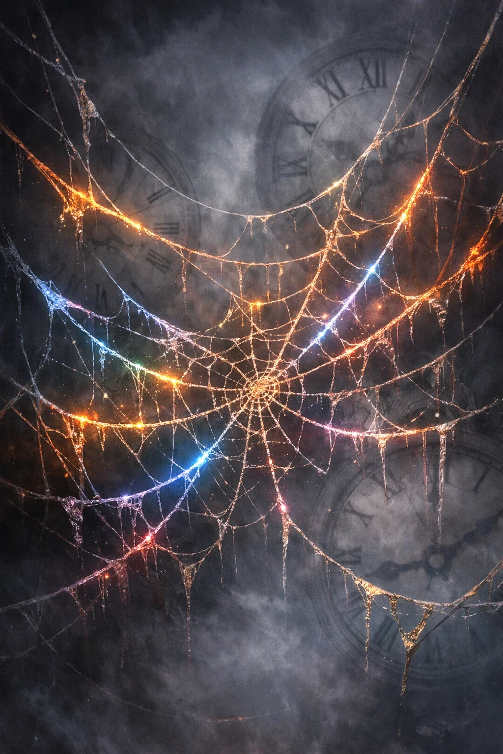 Toile d’araignée lumineuse devant des horloges anciennes