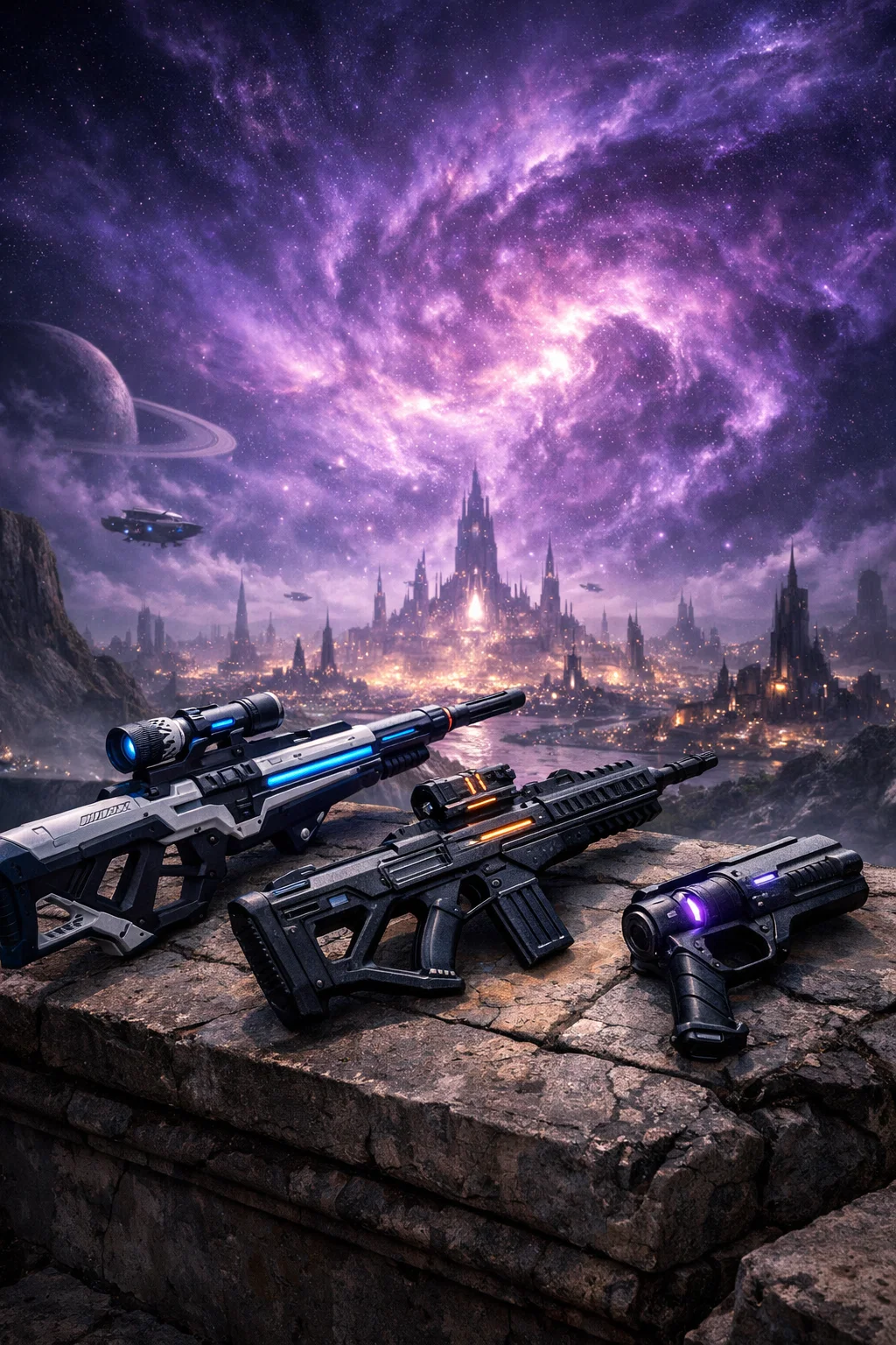 Armes futuristes devant une ville spatiale sous une galaxie violette