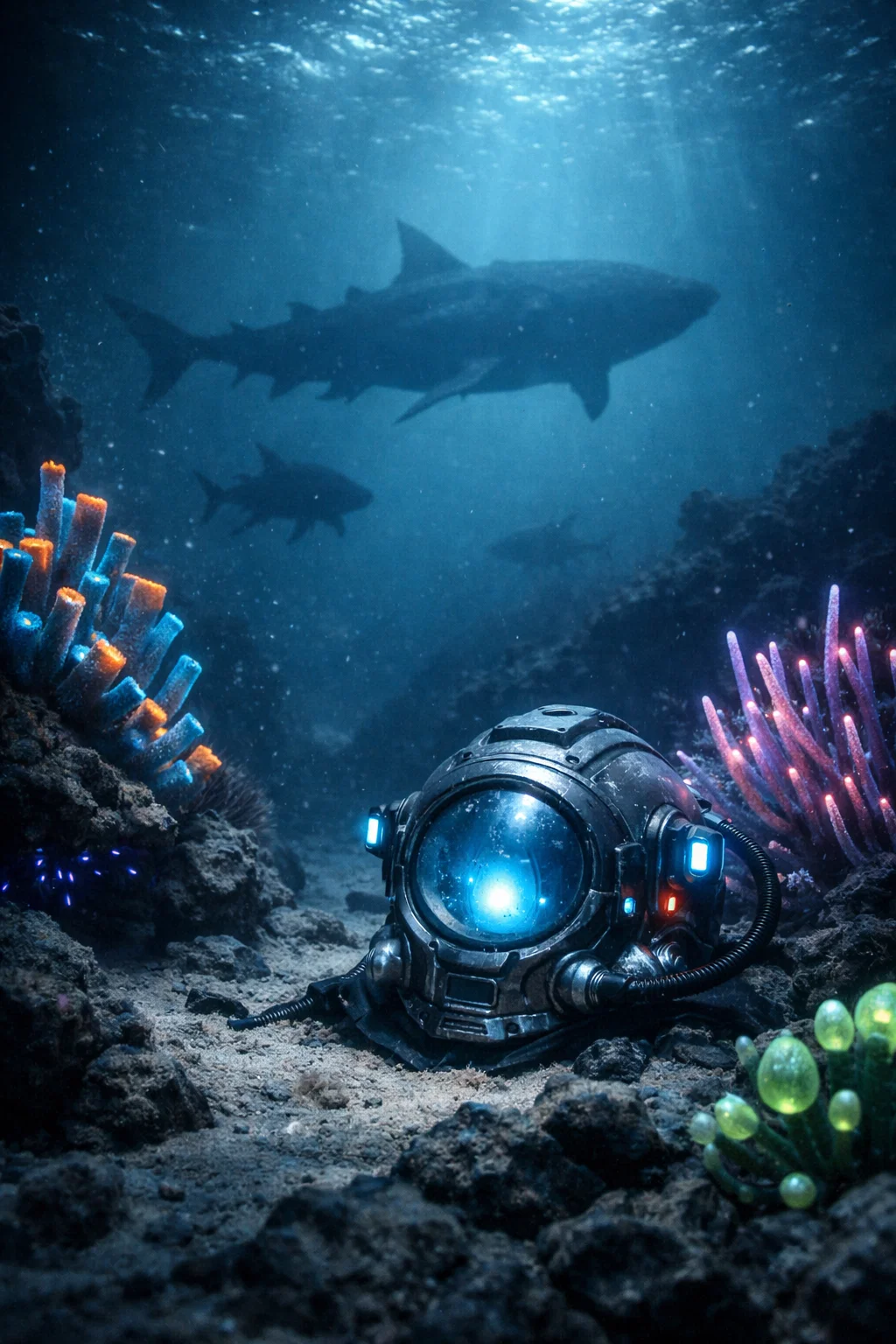 Casque de plongée posé sur le fond marin avec requins au dessus (2)