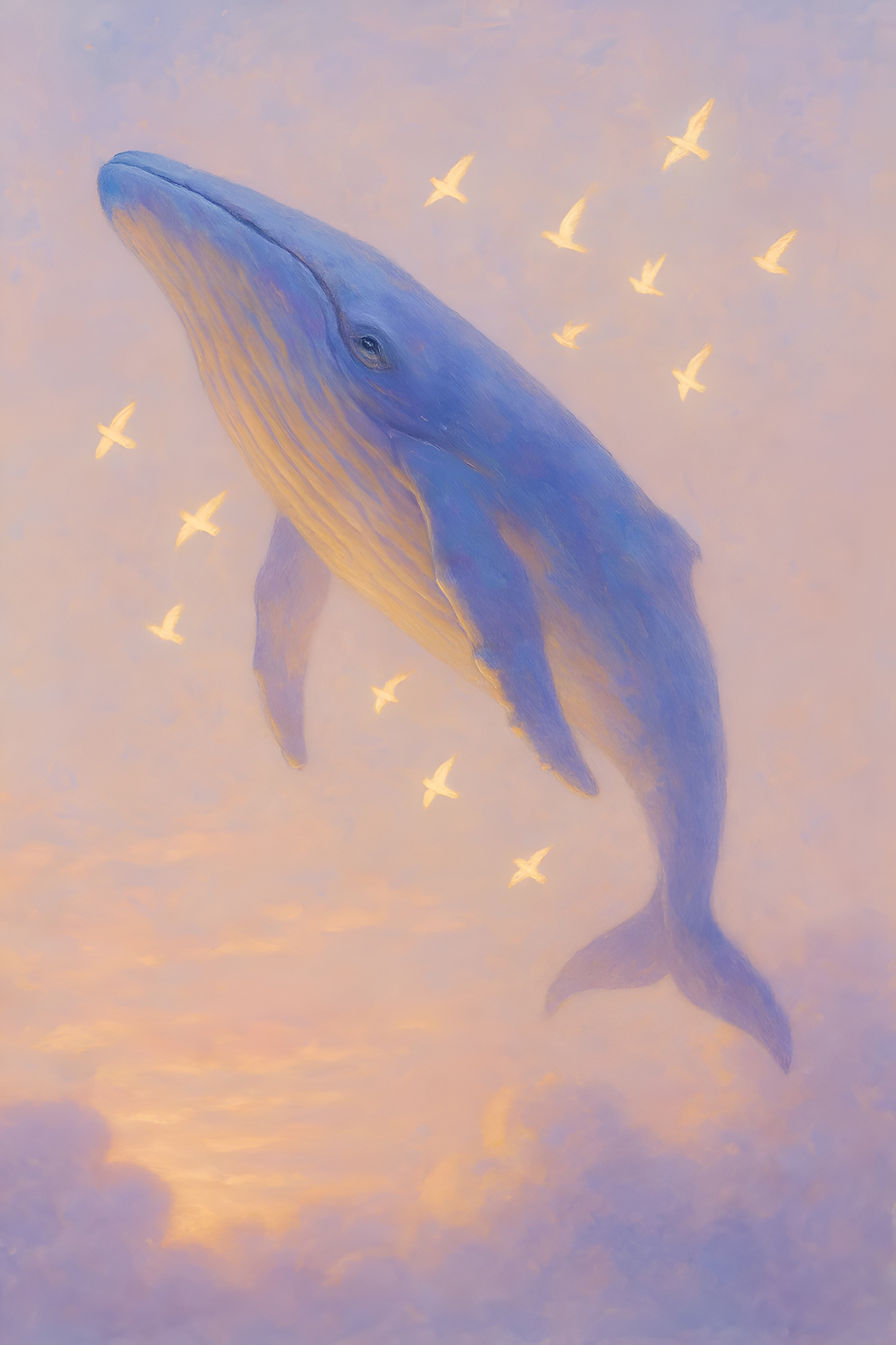 Baleine bleue flottant dans un ciel pastel avec des oiseaux