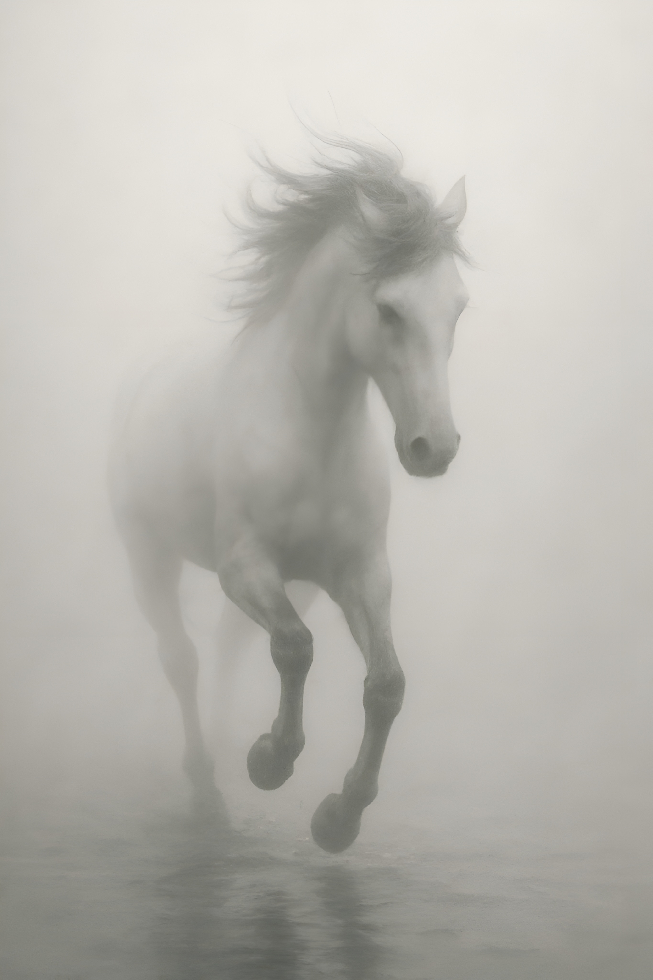 Cheval blanc courant dans le brouillard