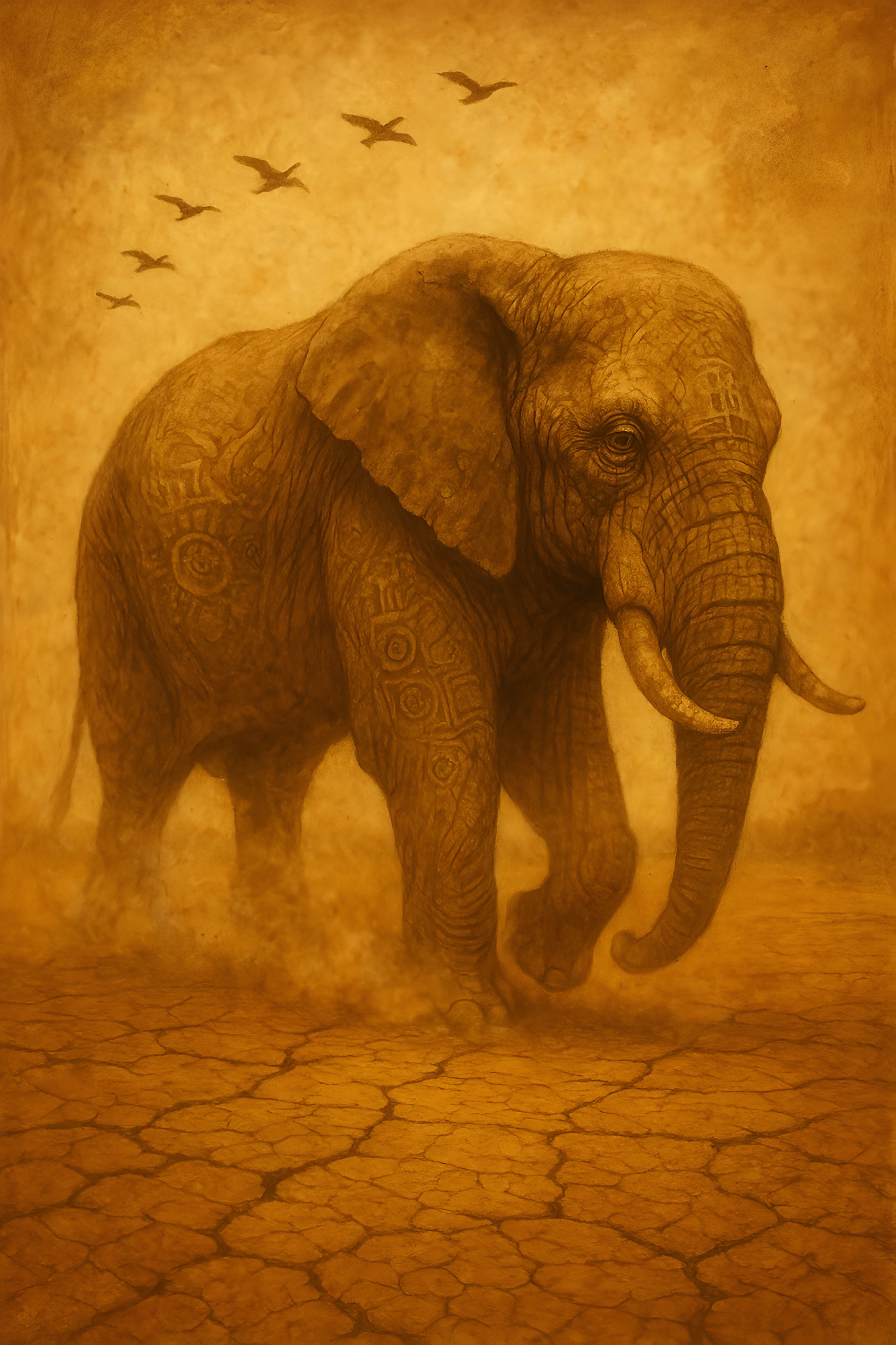 Éléphant dans un désert craquelé avec oiseaux dans le ciel
