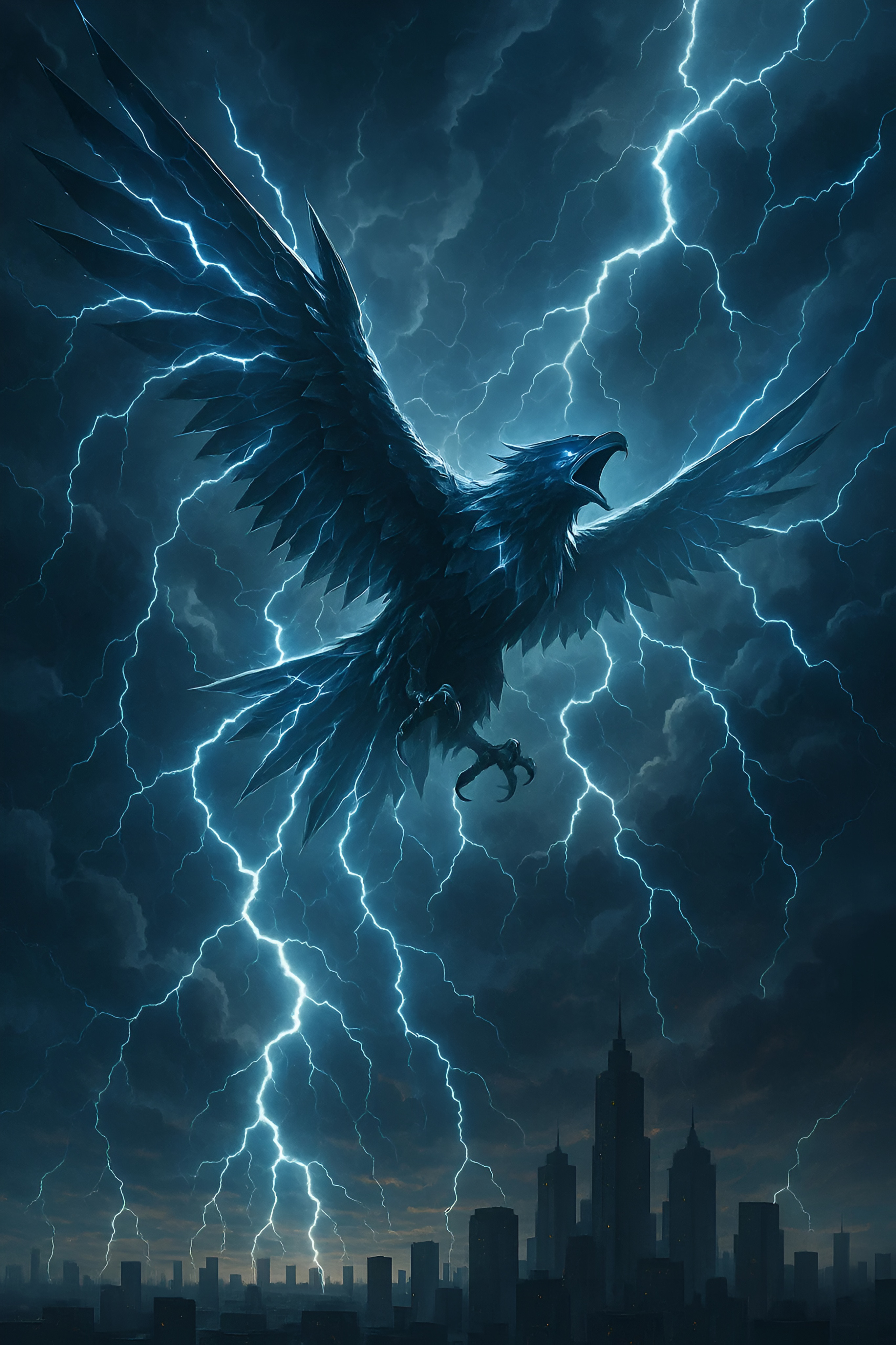 Grand oiseau sombre volant dans un orage avec des éclairs au dessus d’une ville