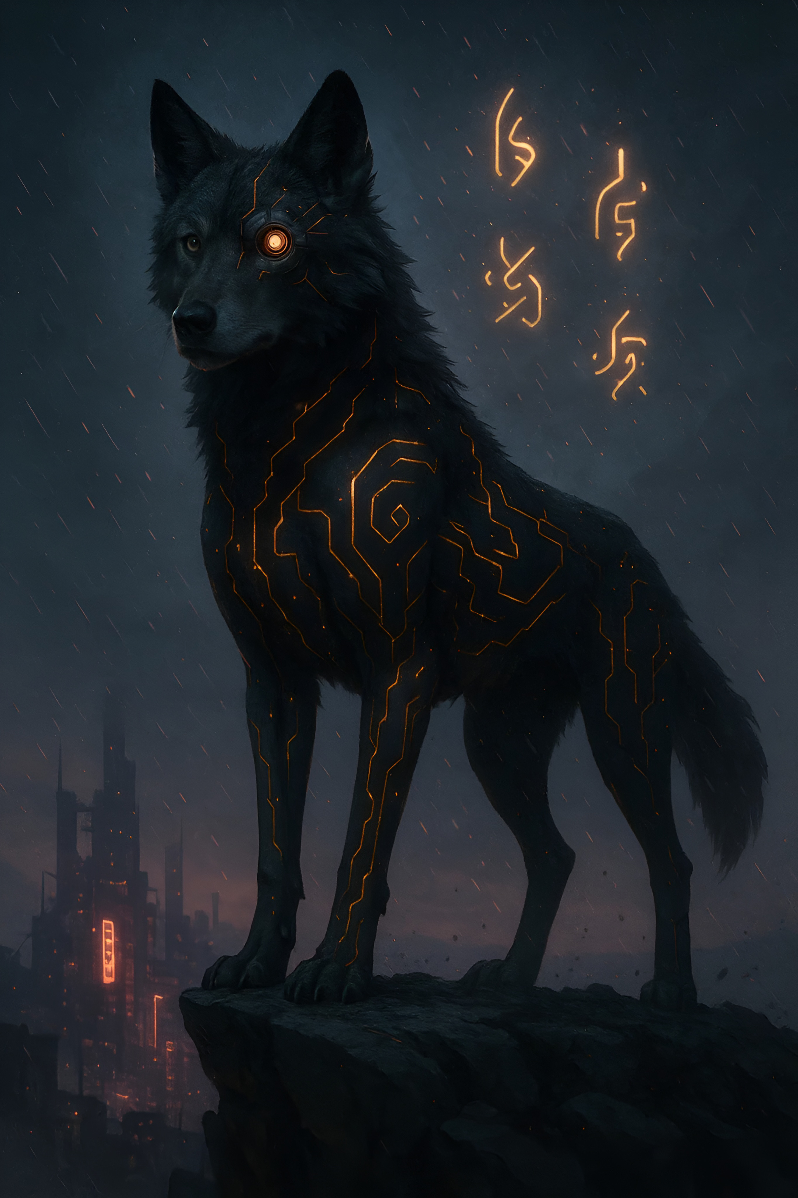 Loup cybernétique noir avec symboles lumineux dans une ville futuriste
