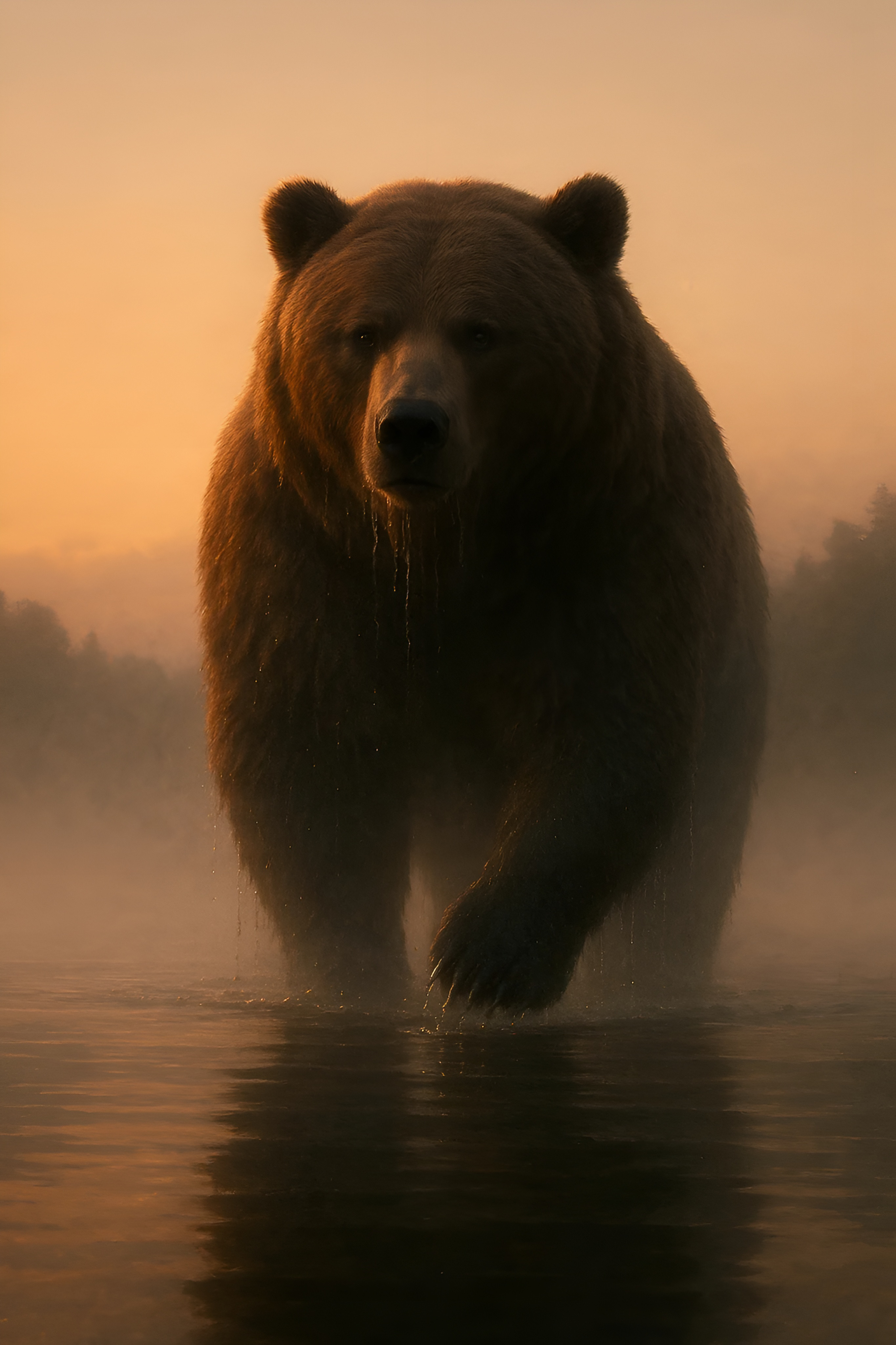 Ours brun marchant dans l’eau au lever du soleil