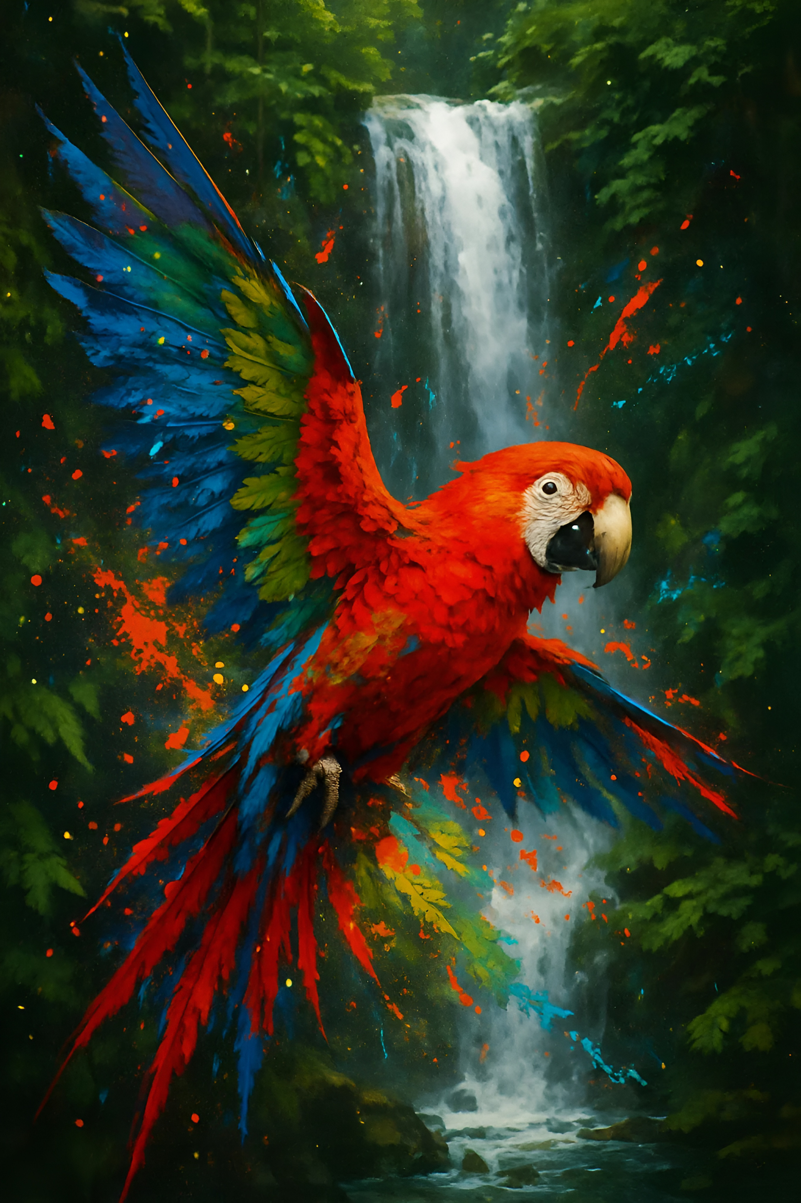 Perroquet rouge et bleu devant une cascade en forêt