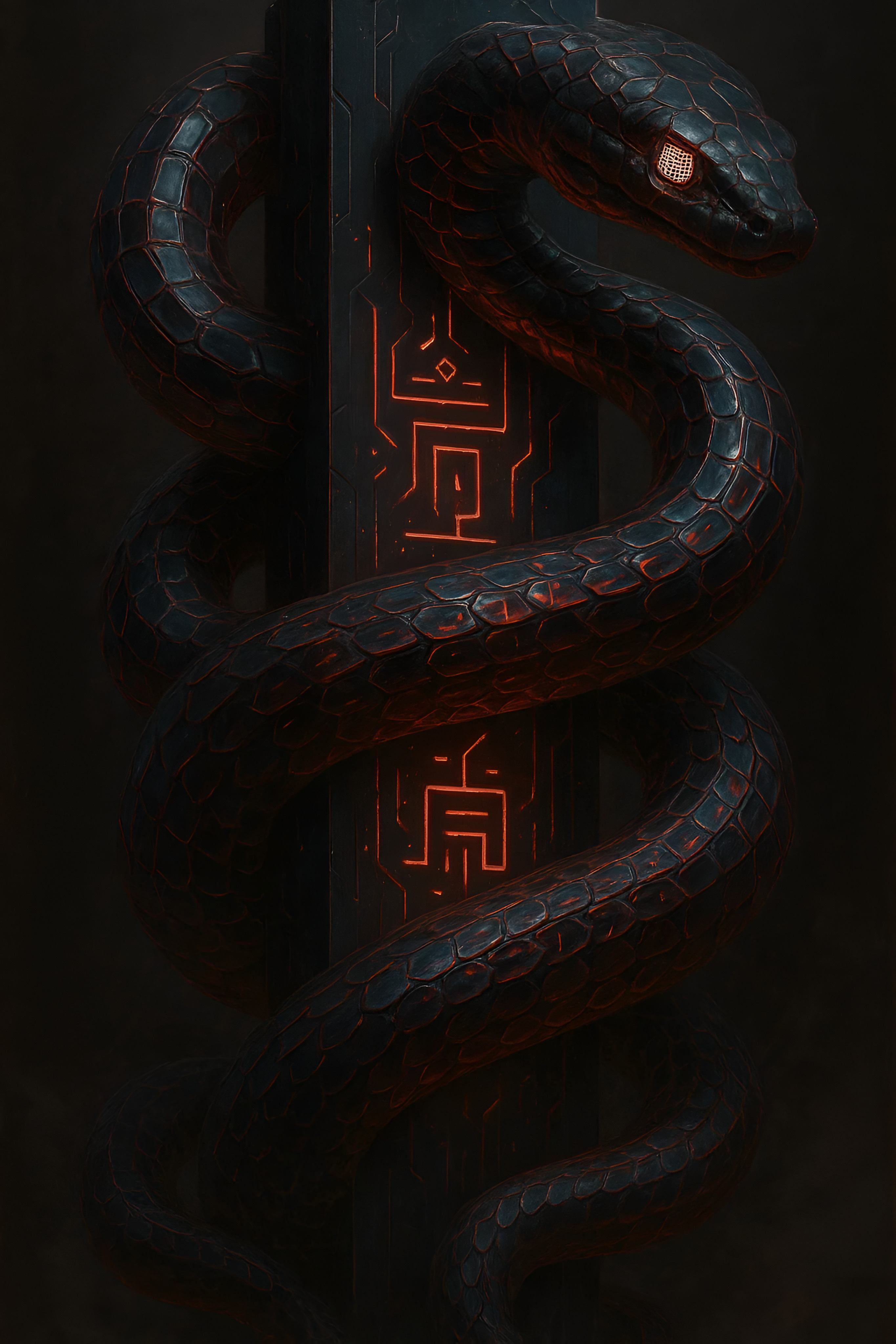 Serpent sombre enroulé autour d’un pilier avec symboles lumineux rouges