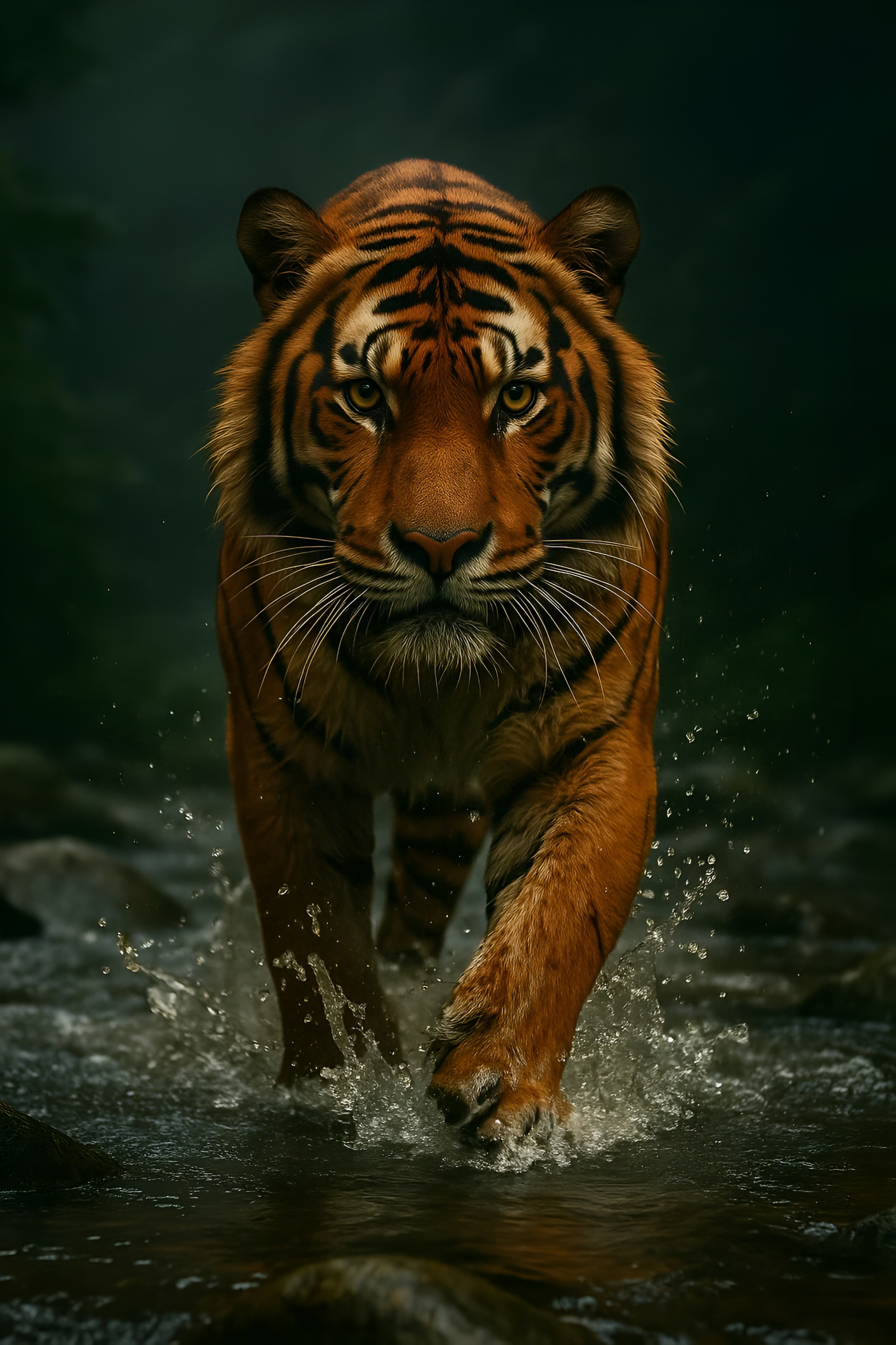 Tigre marchant dans l’eau en forêt