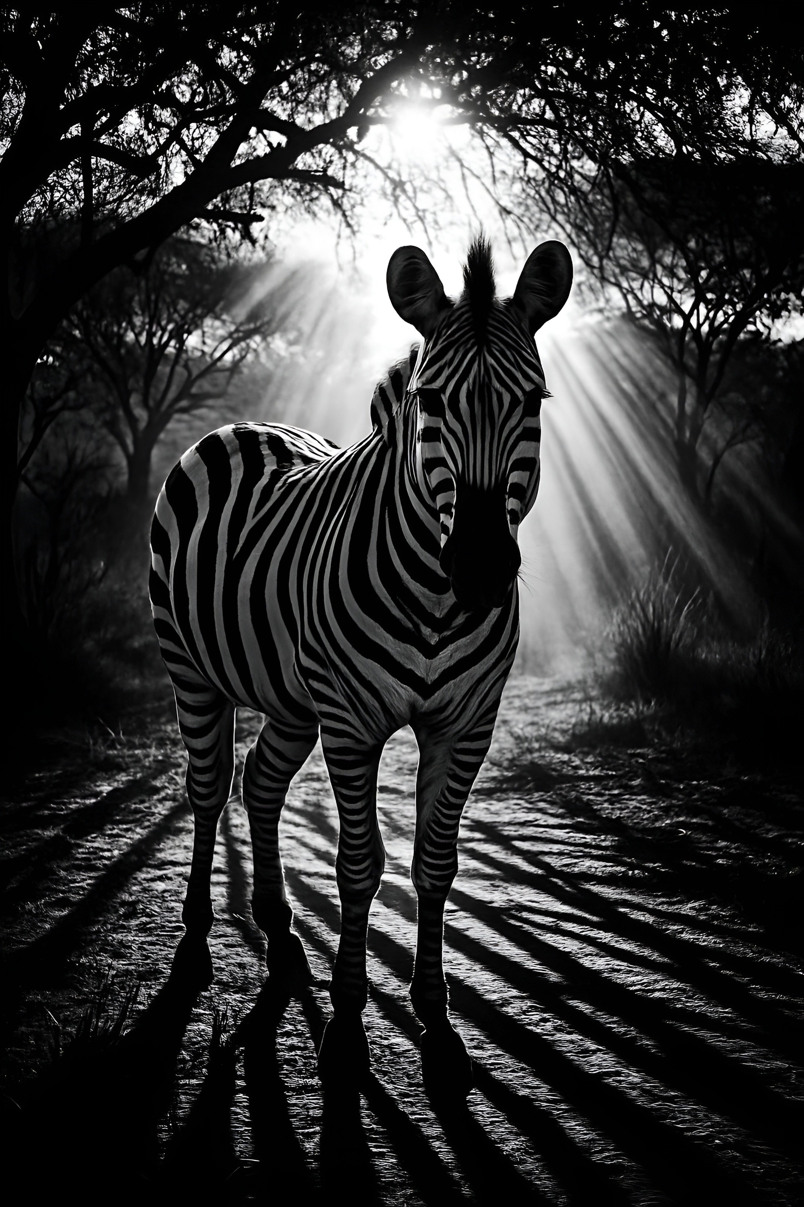 Zèbre noir et blanc dans la savane avec rayons de soleil