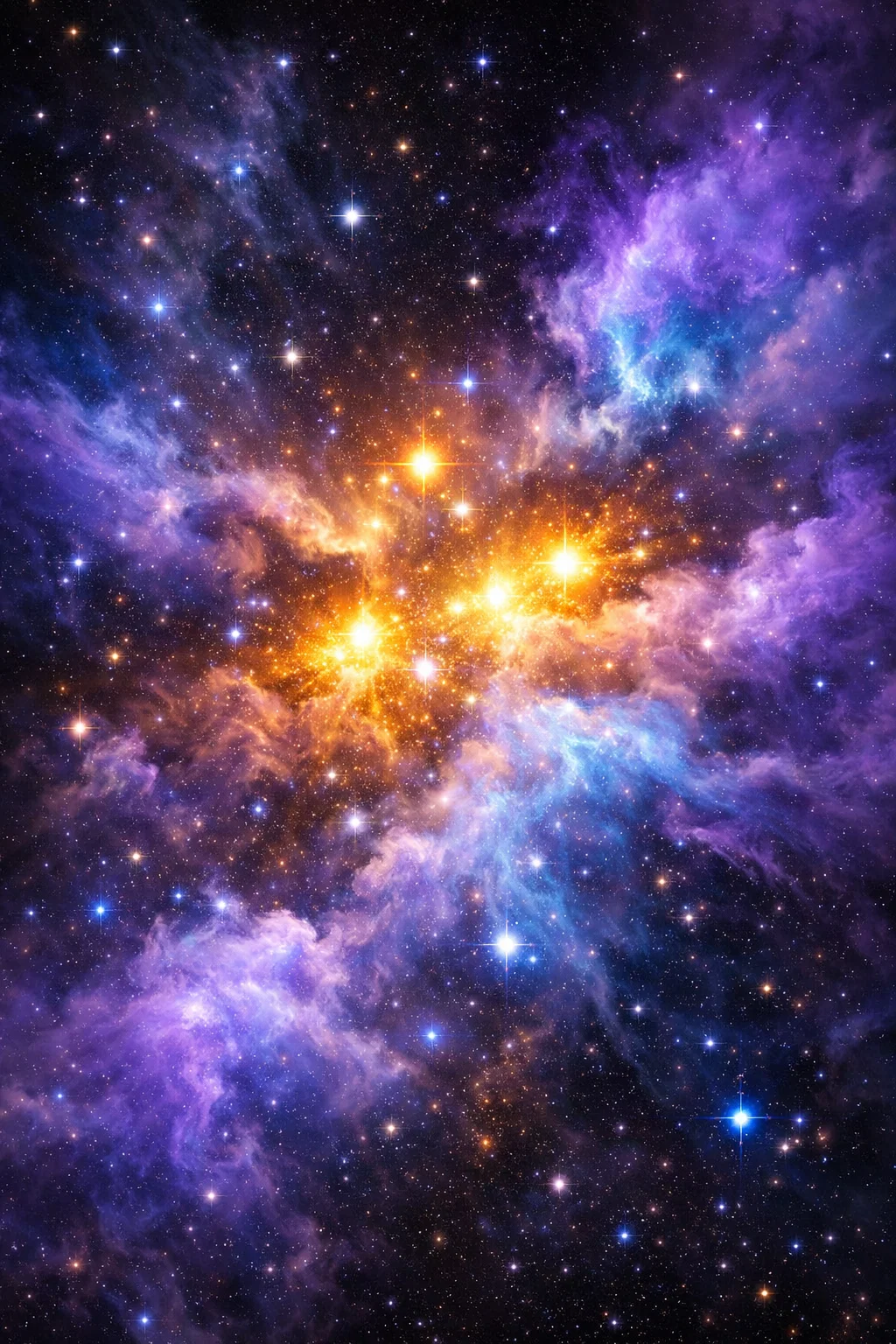 Amas d’étoiles dans un nuage cosmique violet et bleu