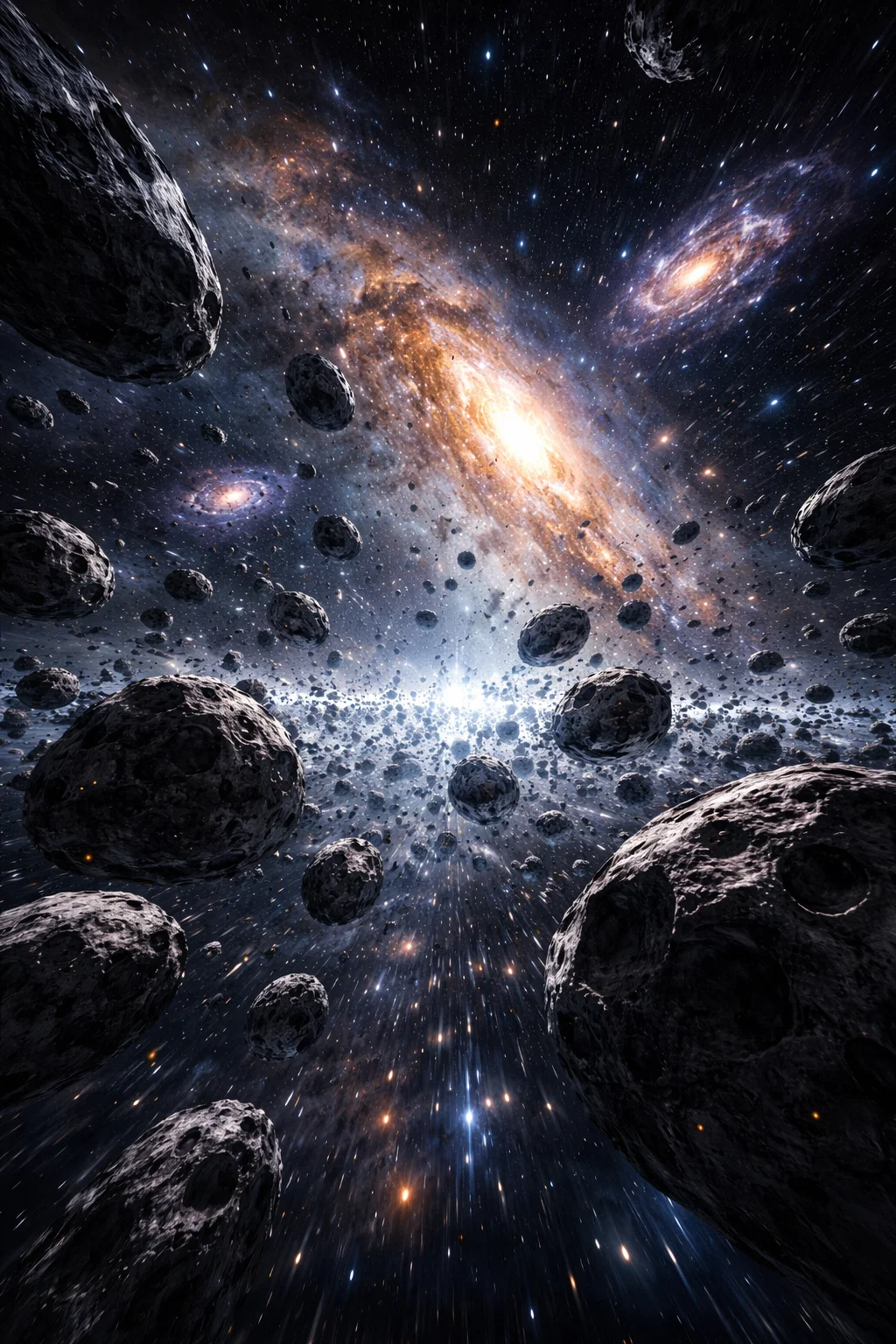 Champ d’astéroïdes avec galaxies au loin