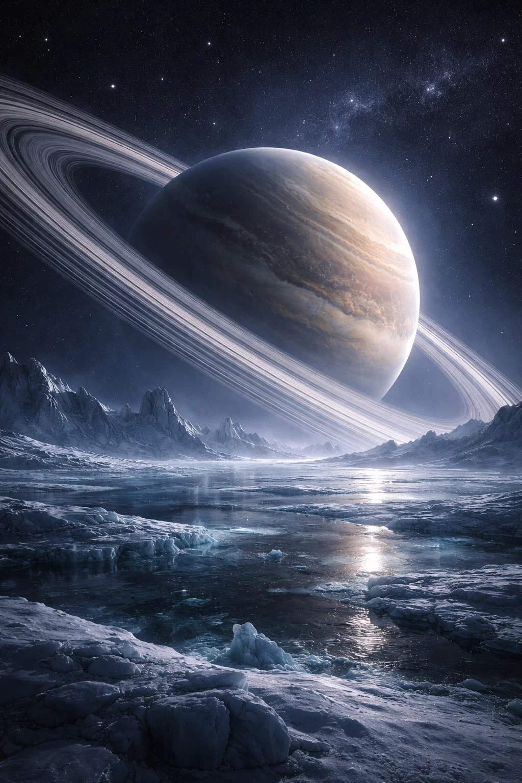 Planète à anneaux au dessus d’un paysage glacé extraterrestre
