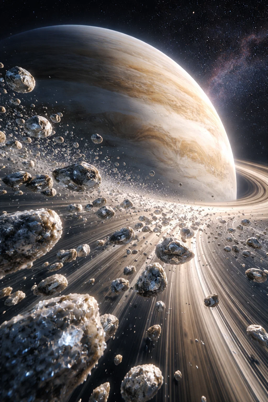 Planète à anneaux entourée d’astéroïdes dans l’espace