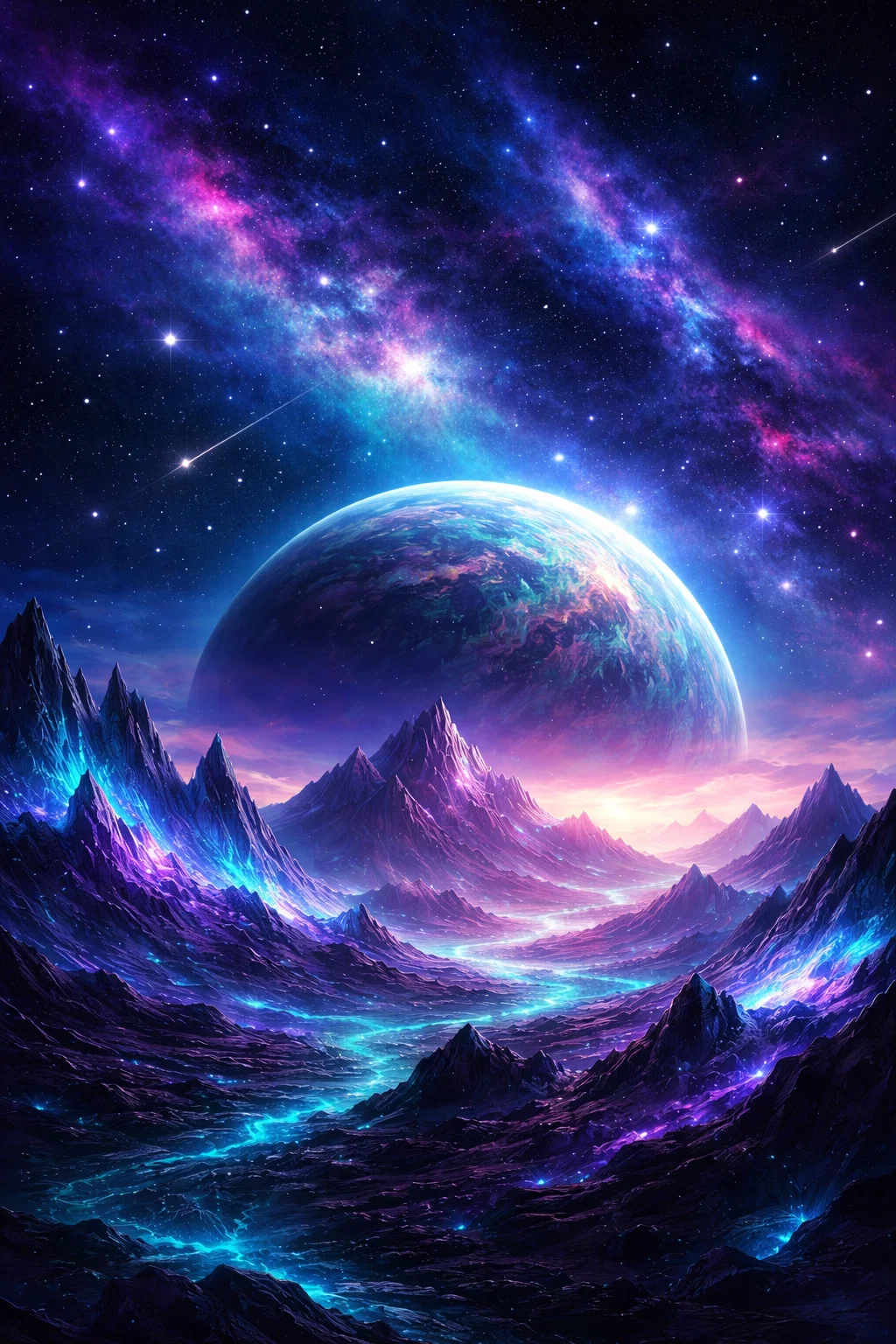 Planète géante au dessus de montagnes extraterrestres
