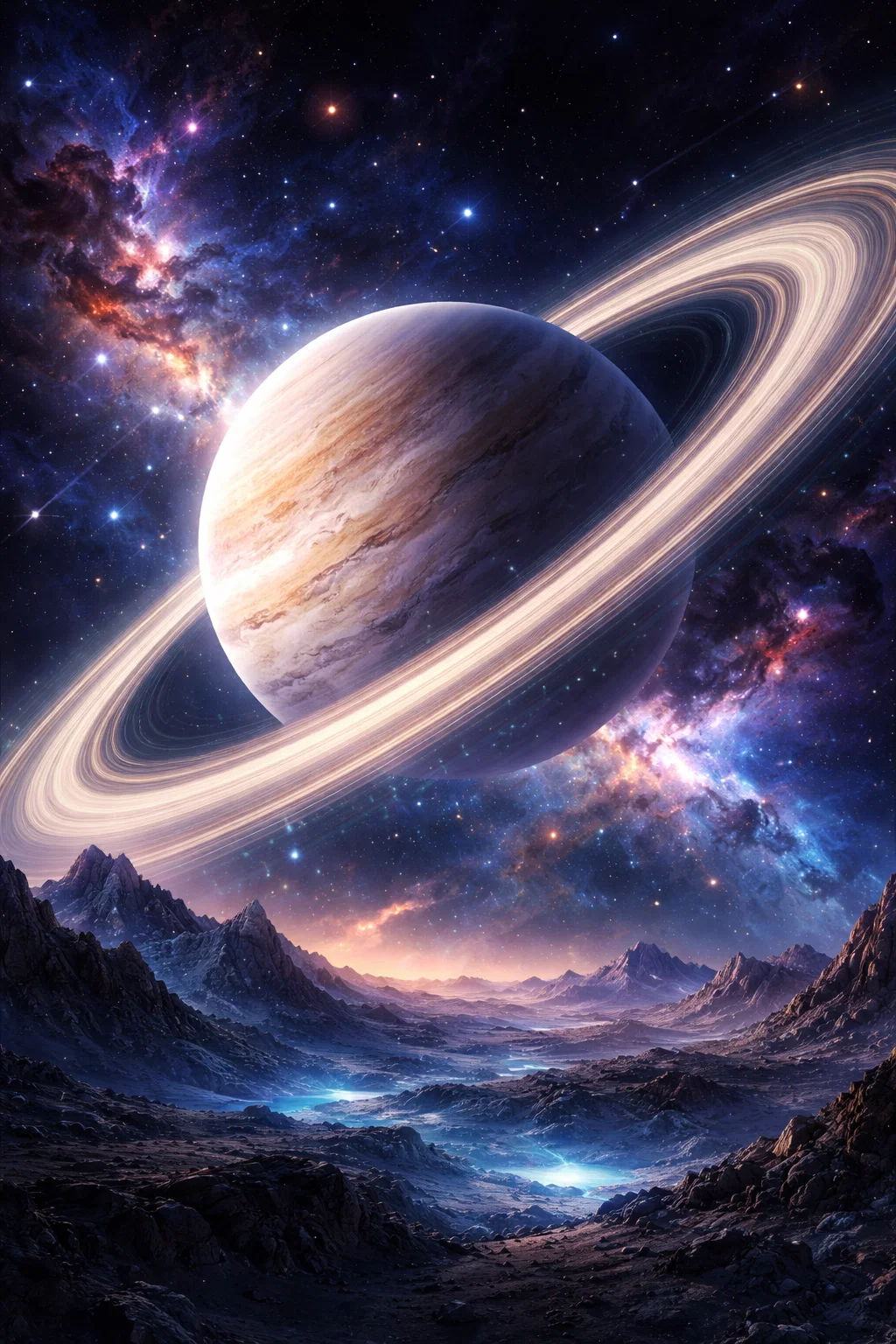 Planète géante avec anneaux au dessus d’un paysage extraterrestre