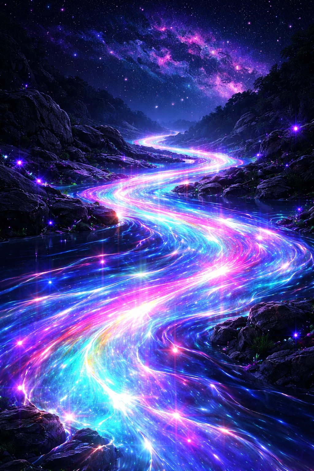 Rivière lumineuse multicolore sous la voie lactée
