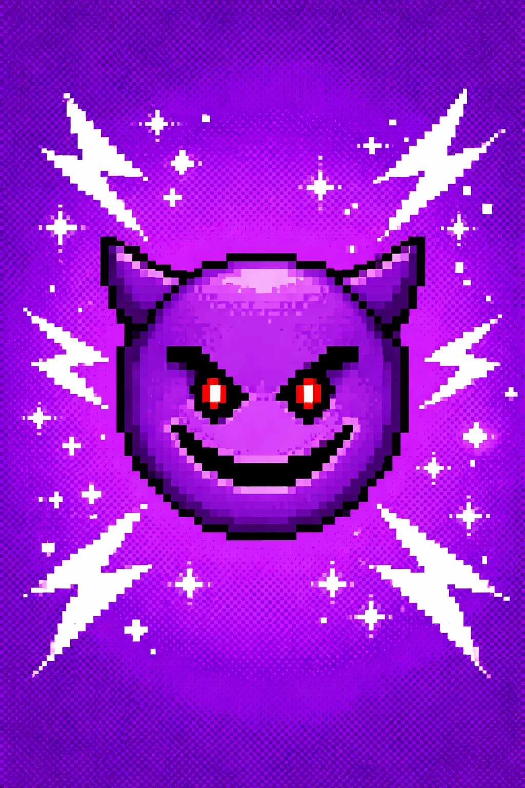 Emoji diable violet pixel art avec éclairs